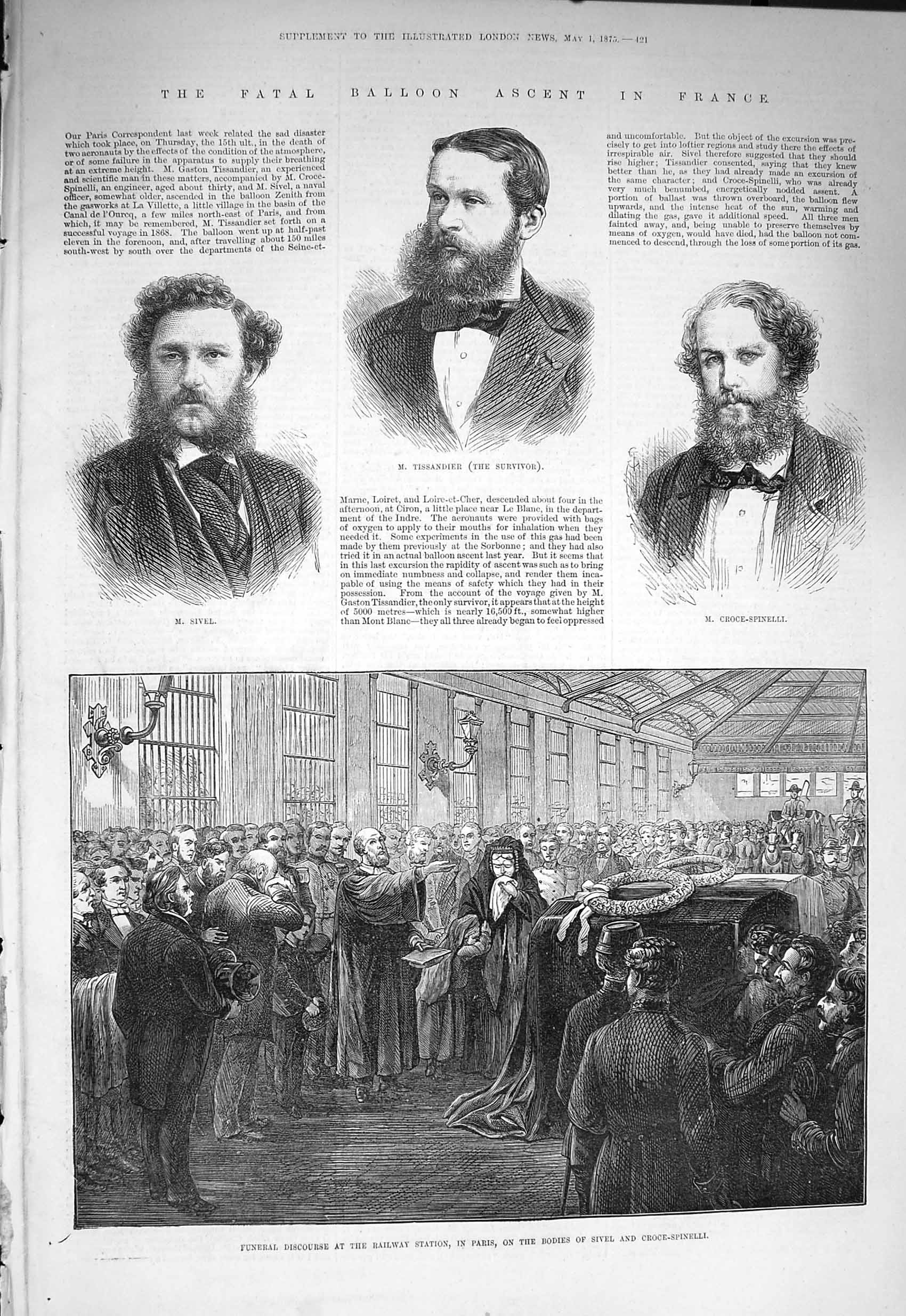 Antique Old Print *3242 1875 Balloon France Tissandier Sivel Croce-Spinelli