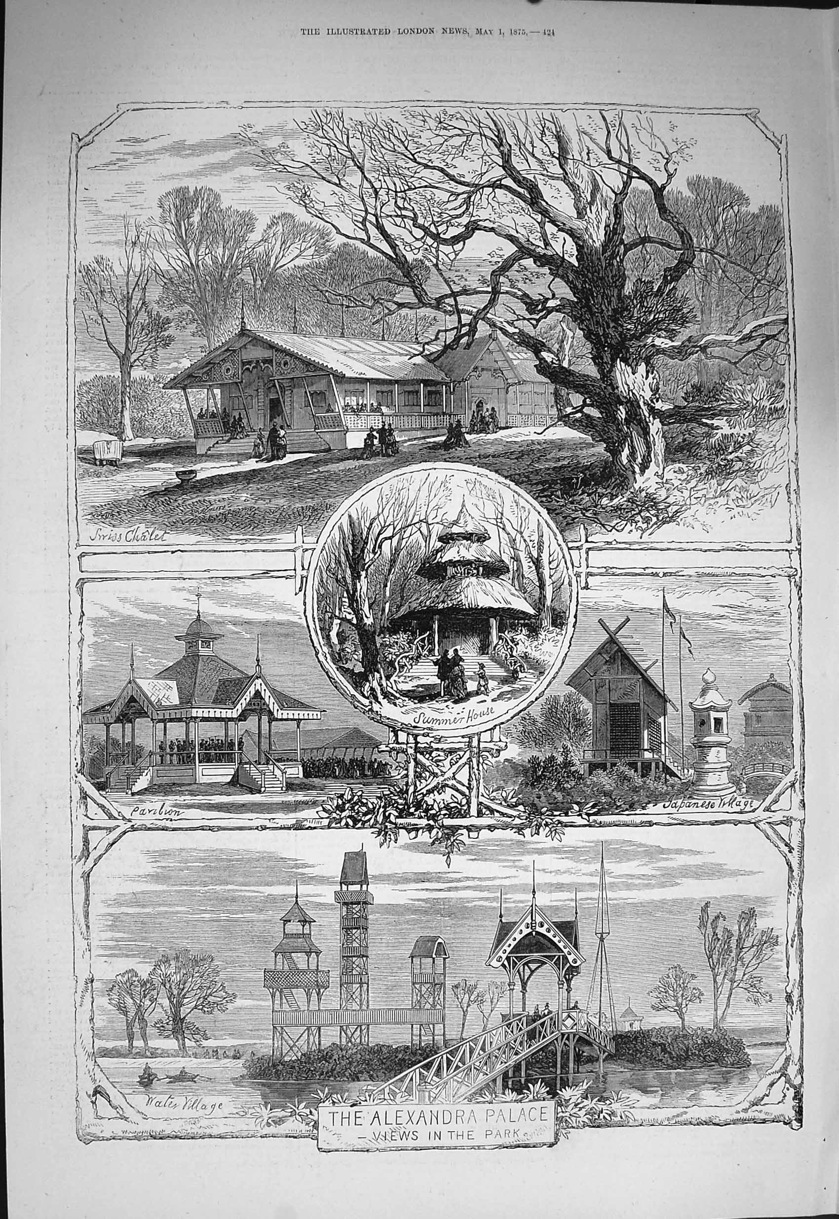 Original Old Antique Print 1875 Alexandra Palace Park Swiss Chalet Japanes 19th