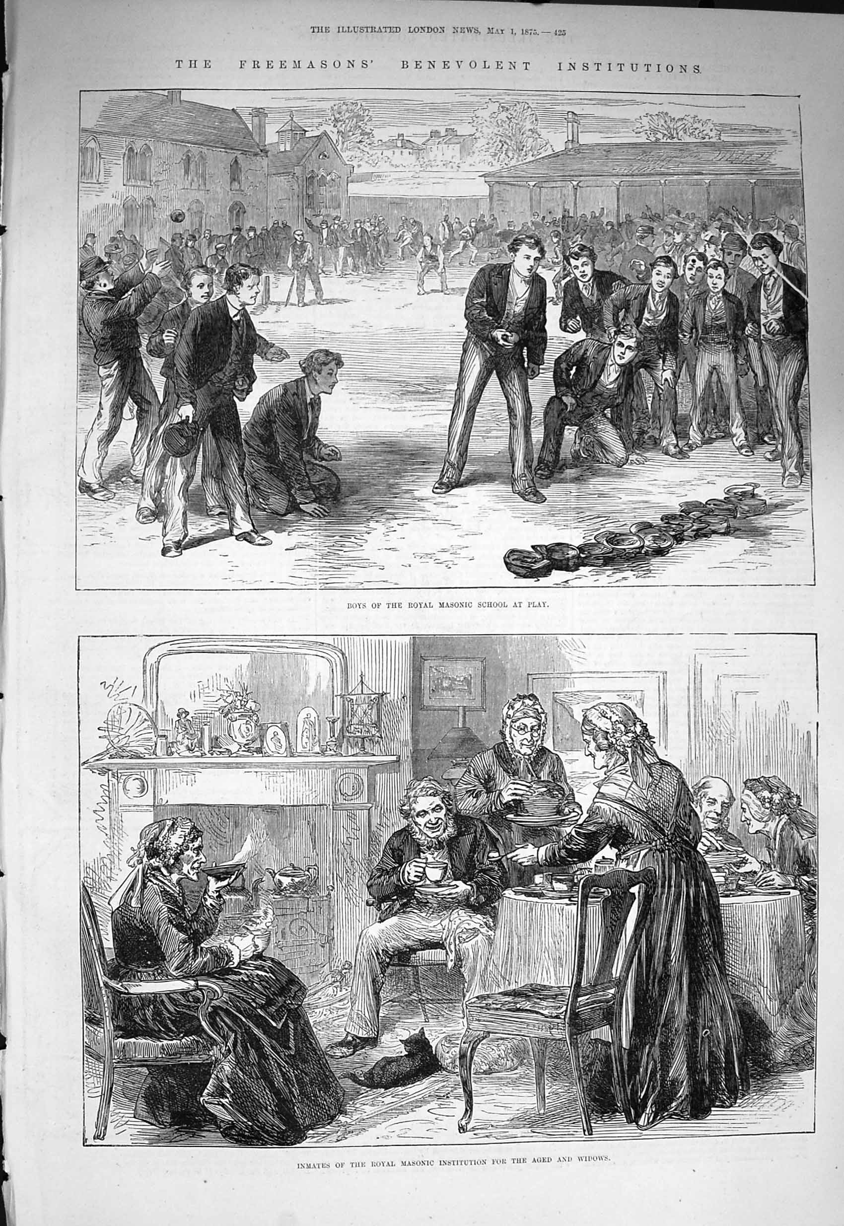 Original Old Antique Print 1875 Freemasons Boys Masonic School Play Windows Men