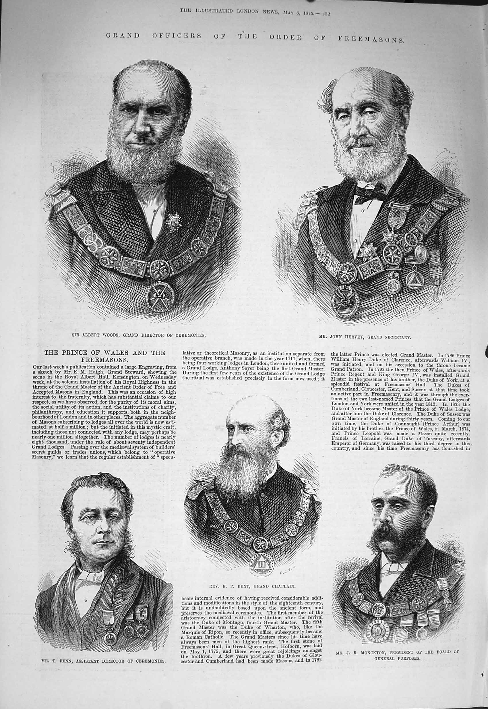 Original Old Antique Print 1875 Freemasons Woods Harvey Bent Fenn Monckton 19th