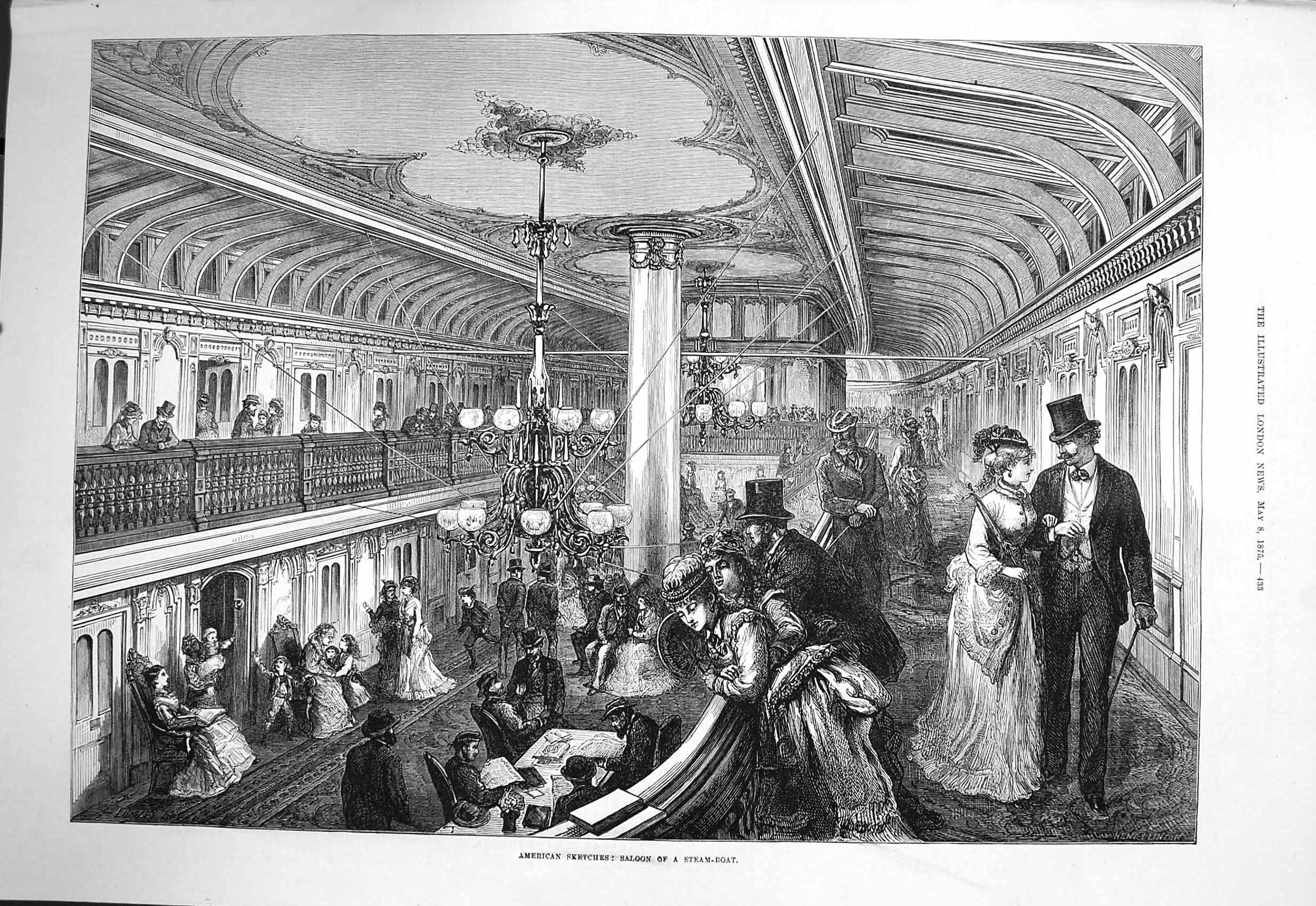 Old Antique Print 1875 America Saloon Steam Boat Ship Passengers Fine Art 19th