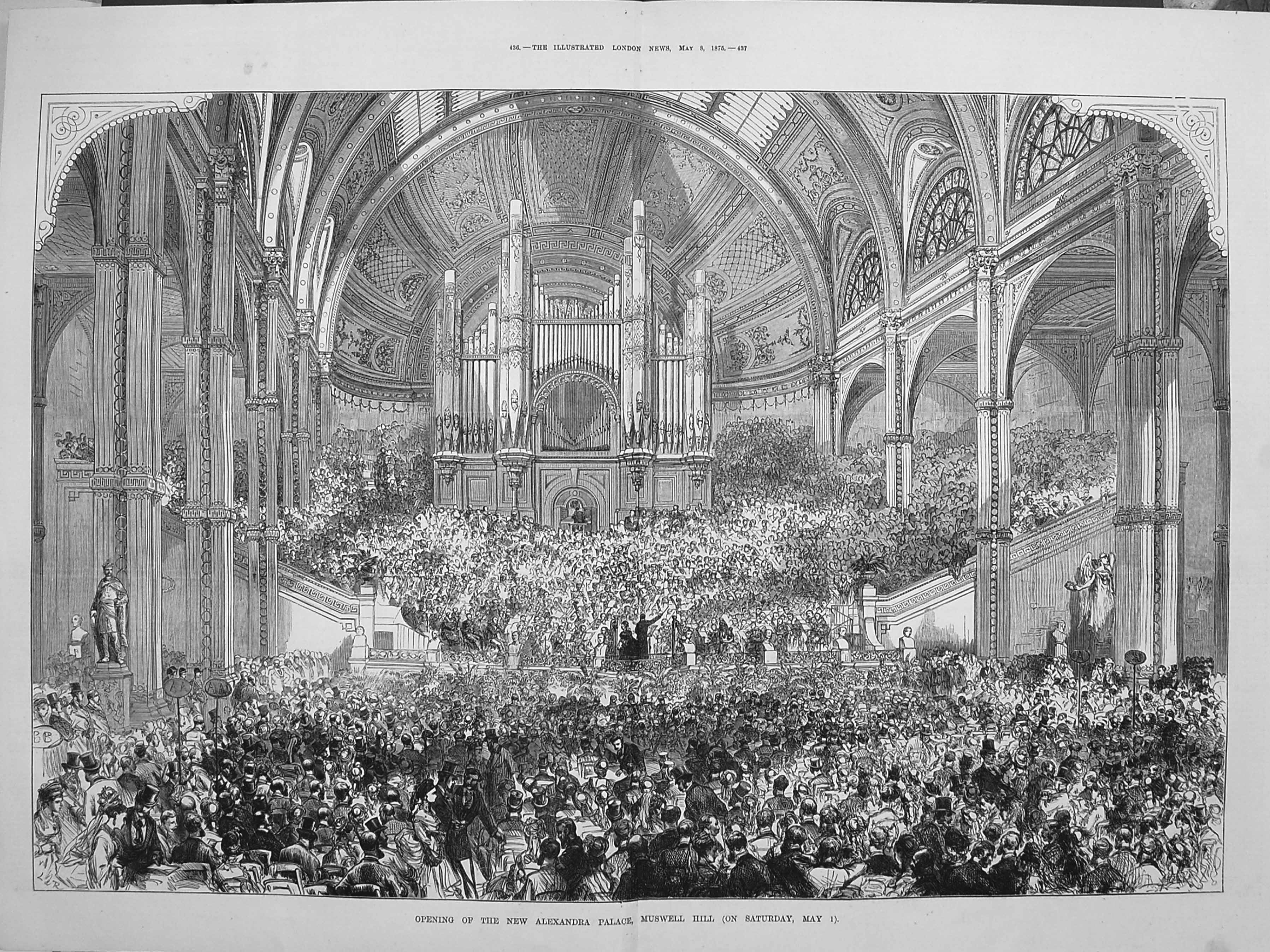 Original Old Antique Print 1875 Opening Alexandra Palace Muswell Hill Victorian