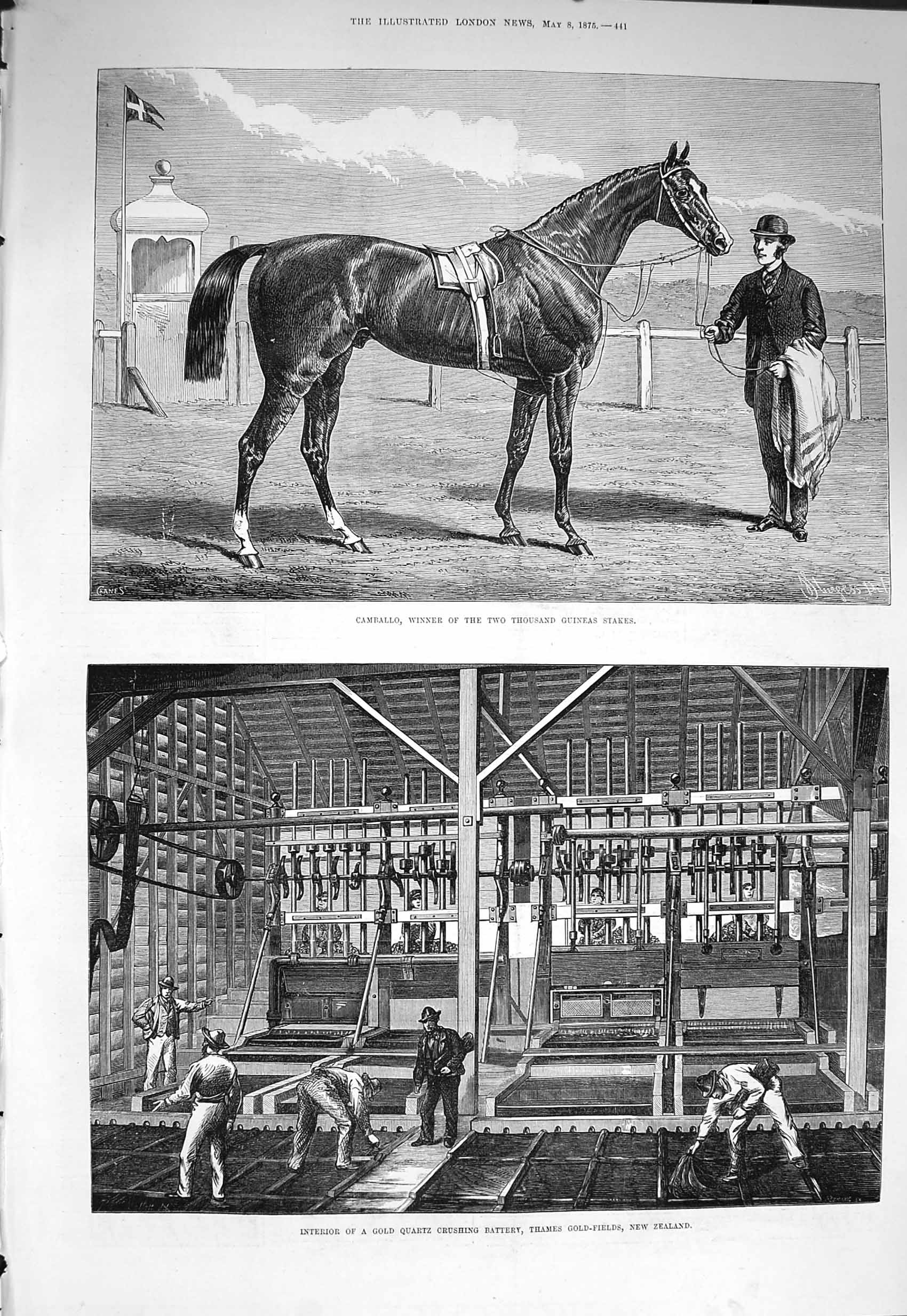 Original Old Antique Print 1875 Camballo Horse GQuartz Crushing Battery Thames