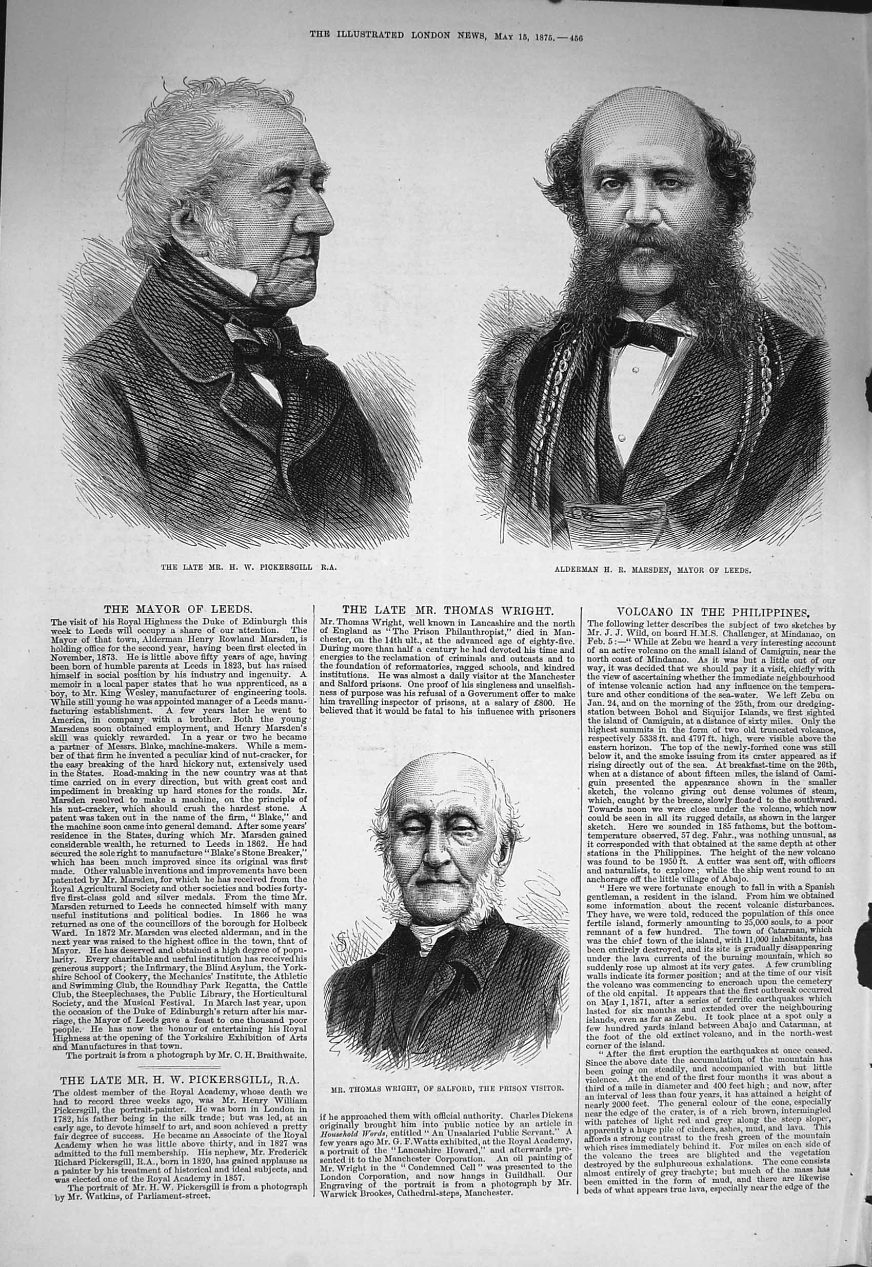 Antique Old Print *3241 1875 Pickersgill Marsden Mayor Leeds Thomas Wright