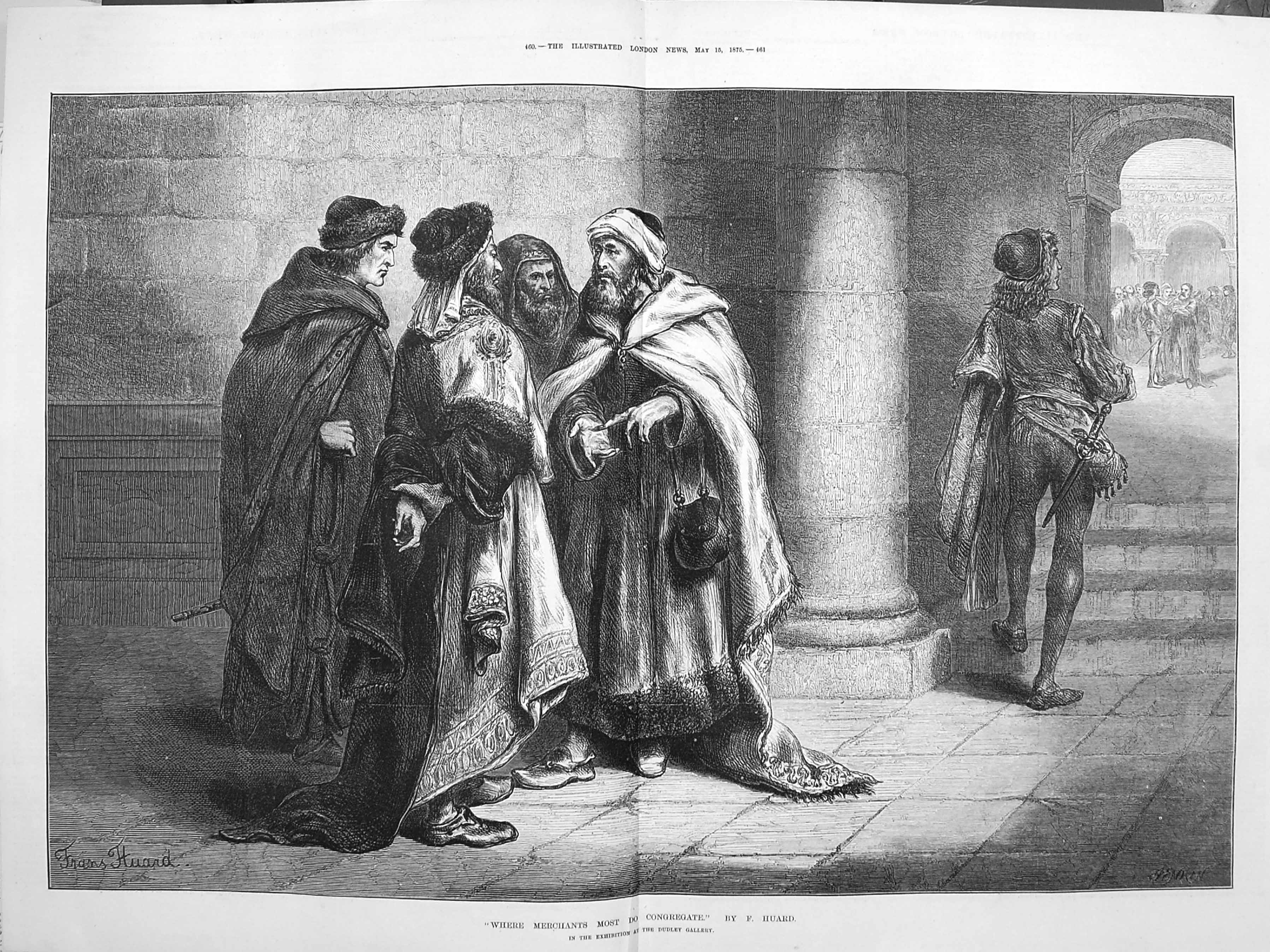 Original Old Antique Print 1875 Scene Where Merchants Congregate Men Meeting