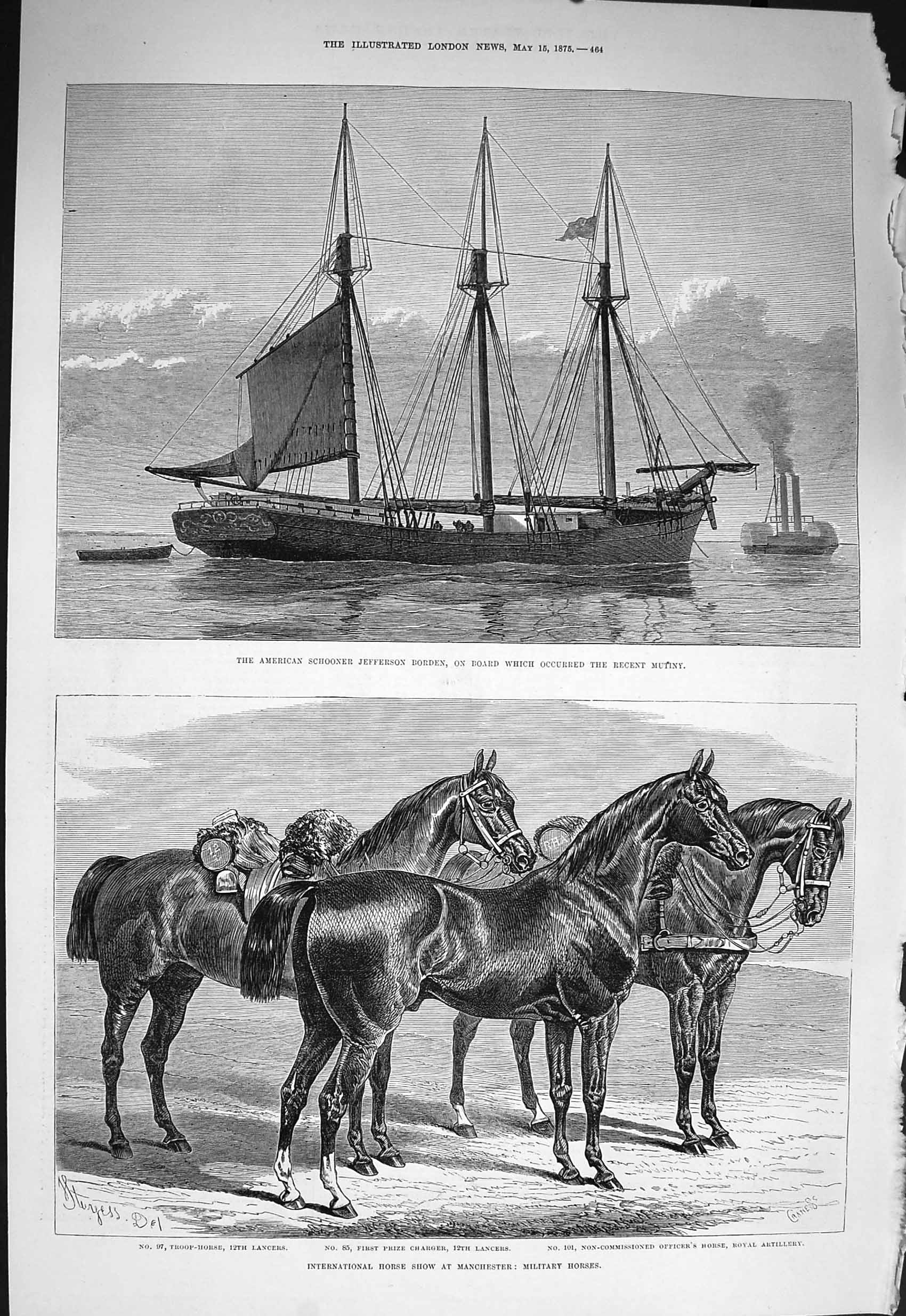 Original Old Antique Print 1875 American Schooner Ship Jefferson Borden Horses