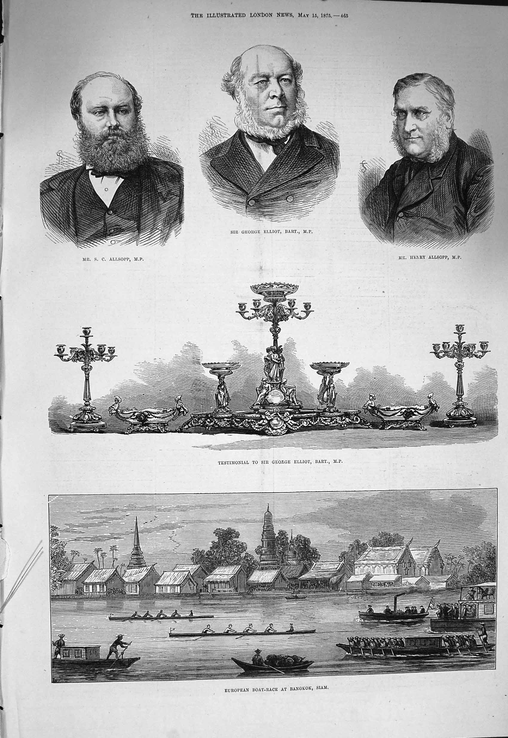 Old Antique Print 1875 Henry Allsopp George Elliot Boat Race Bangkok Siam 19th