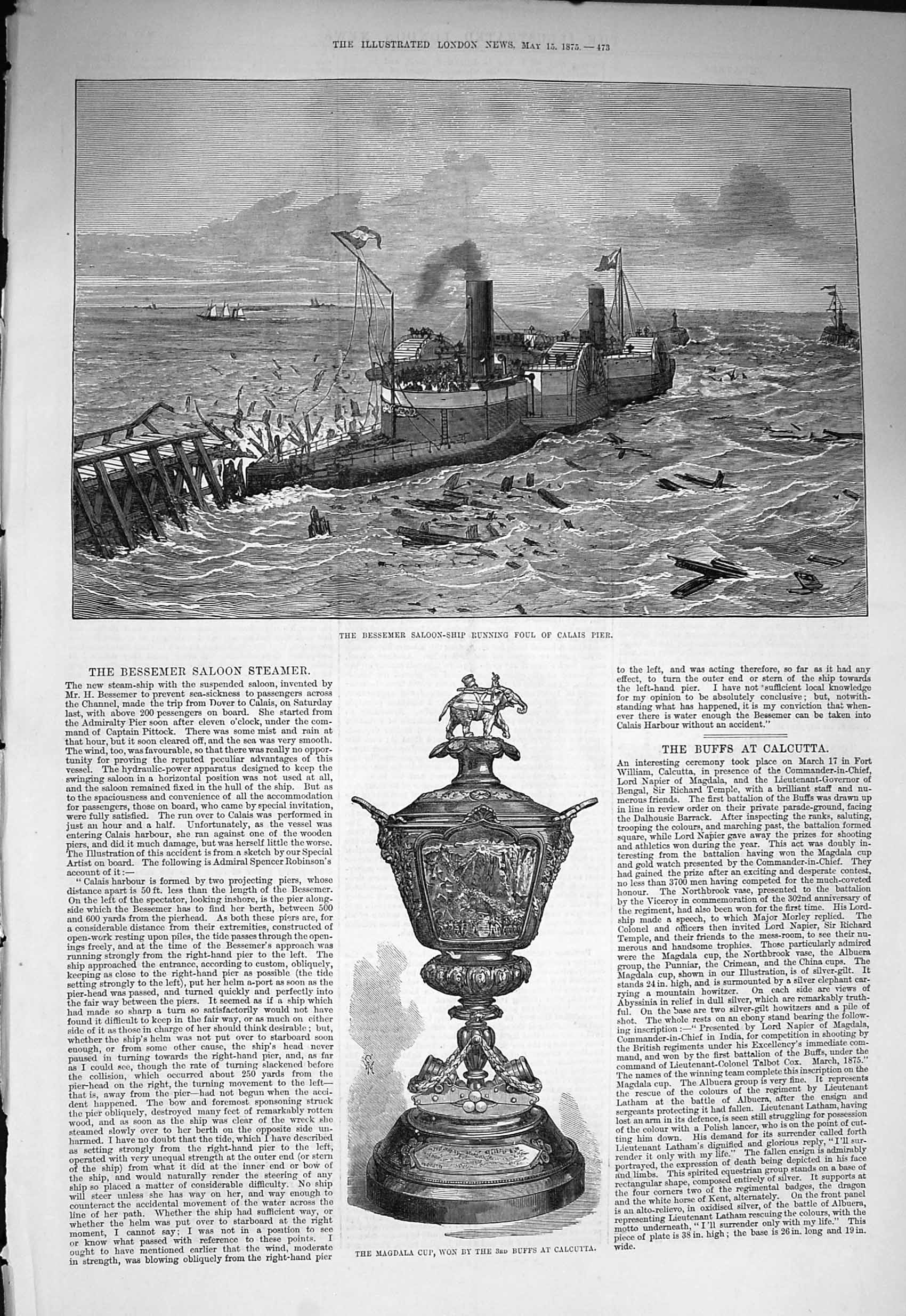 Original Old Antique Print 1875 Bessemer Saloon Ship Calias Pier Magala Cu 19th
