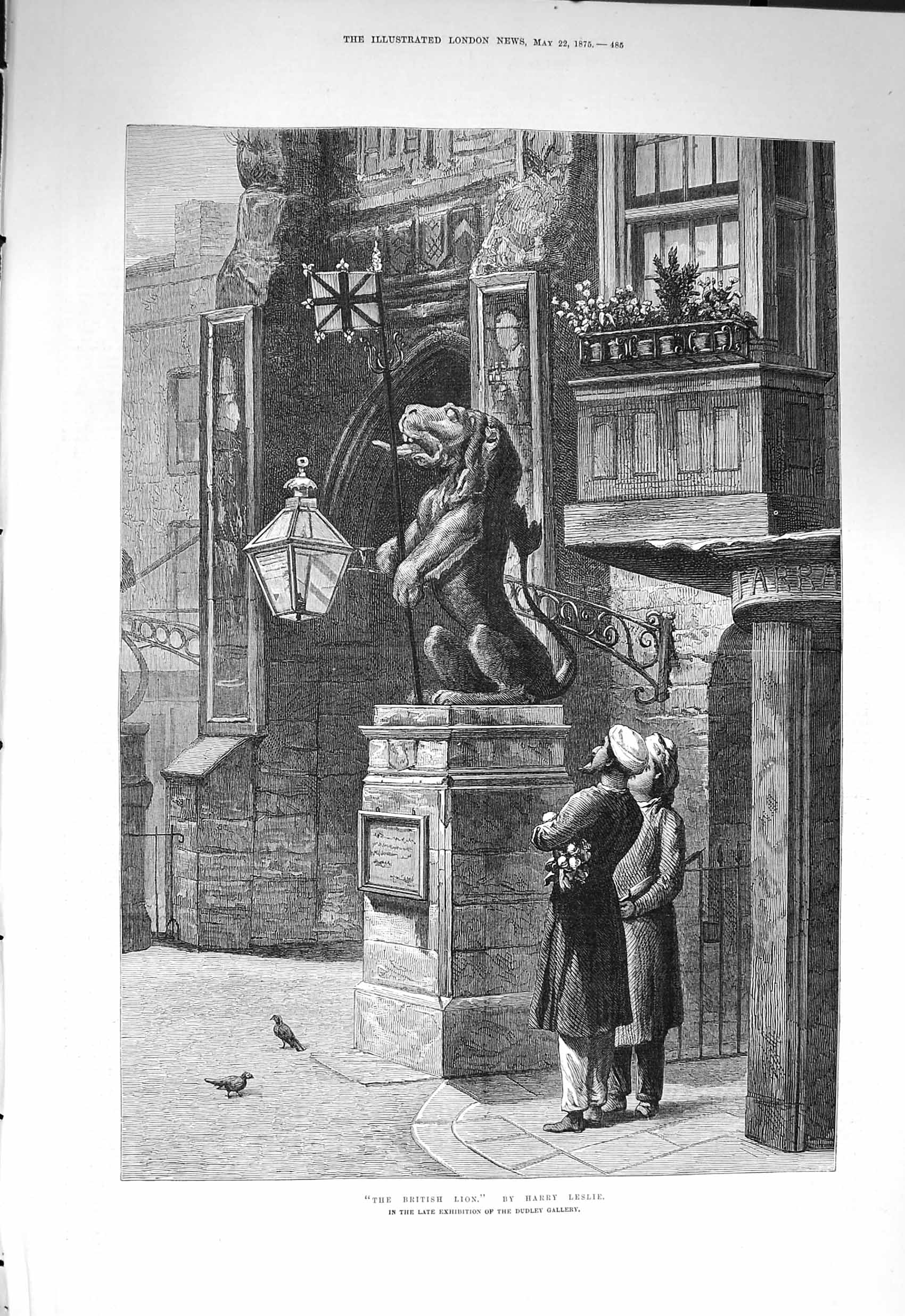 Old Antique Print 1875 British Lion Statue Indian Men Southampton Leslie 19th