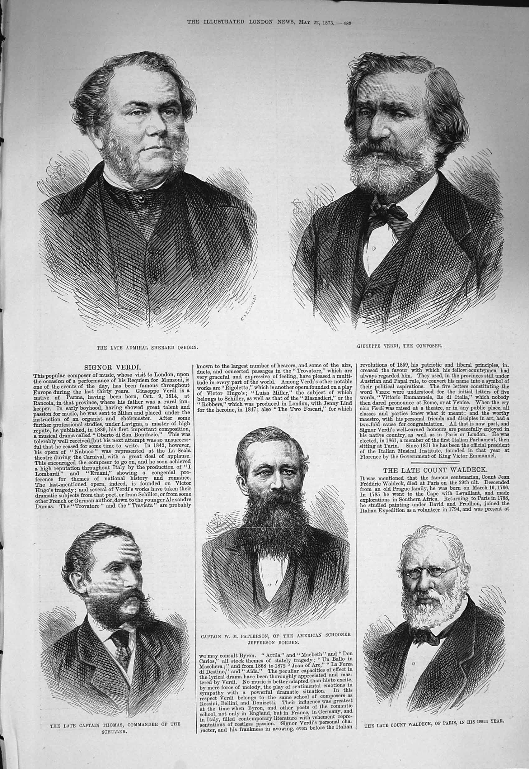 Original Old Antique Print 1875 Osborn Verdi Patterson Captain Thomas Waldeck