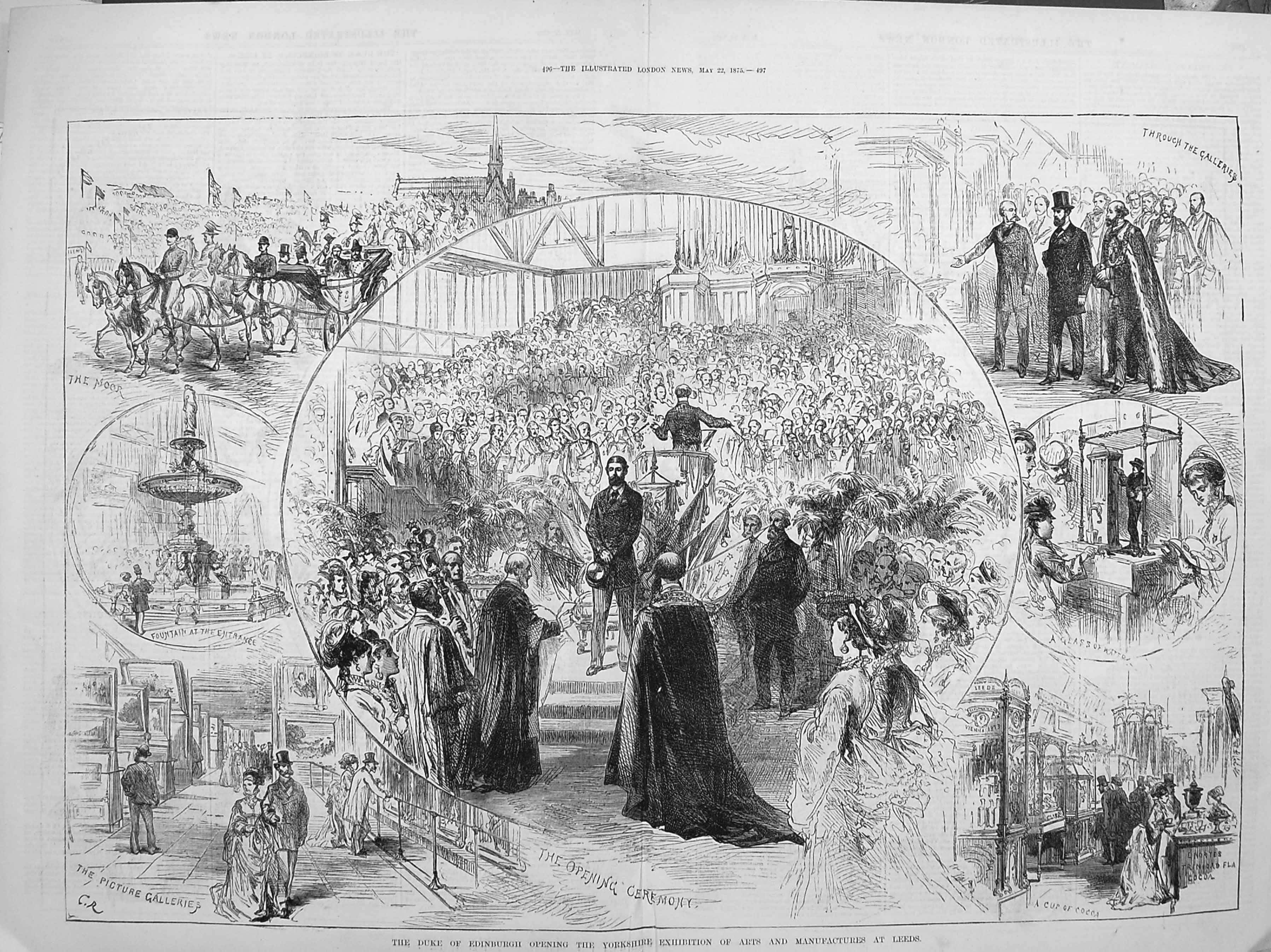 Old Antique Print 1875 Duke Edinburgh Yorkshire Exhibition Manufactures 19th