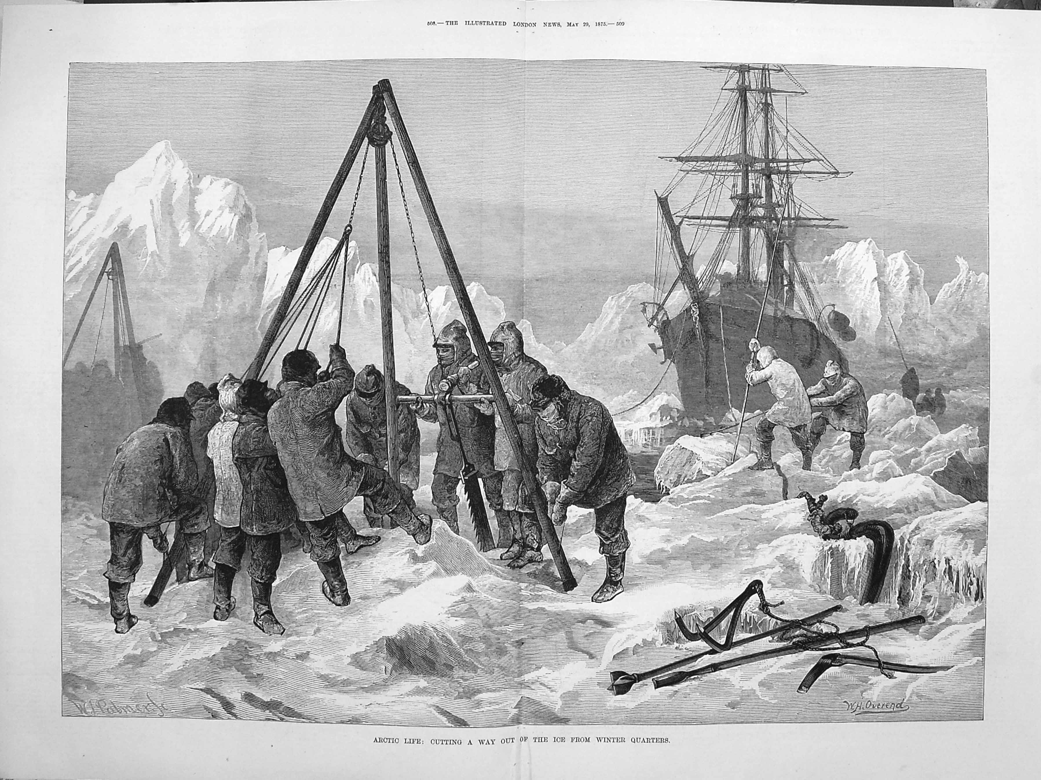 Original Old Antique Print 1875 Arctic Expedition Ice Sledge Captain Nare 19th