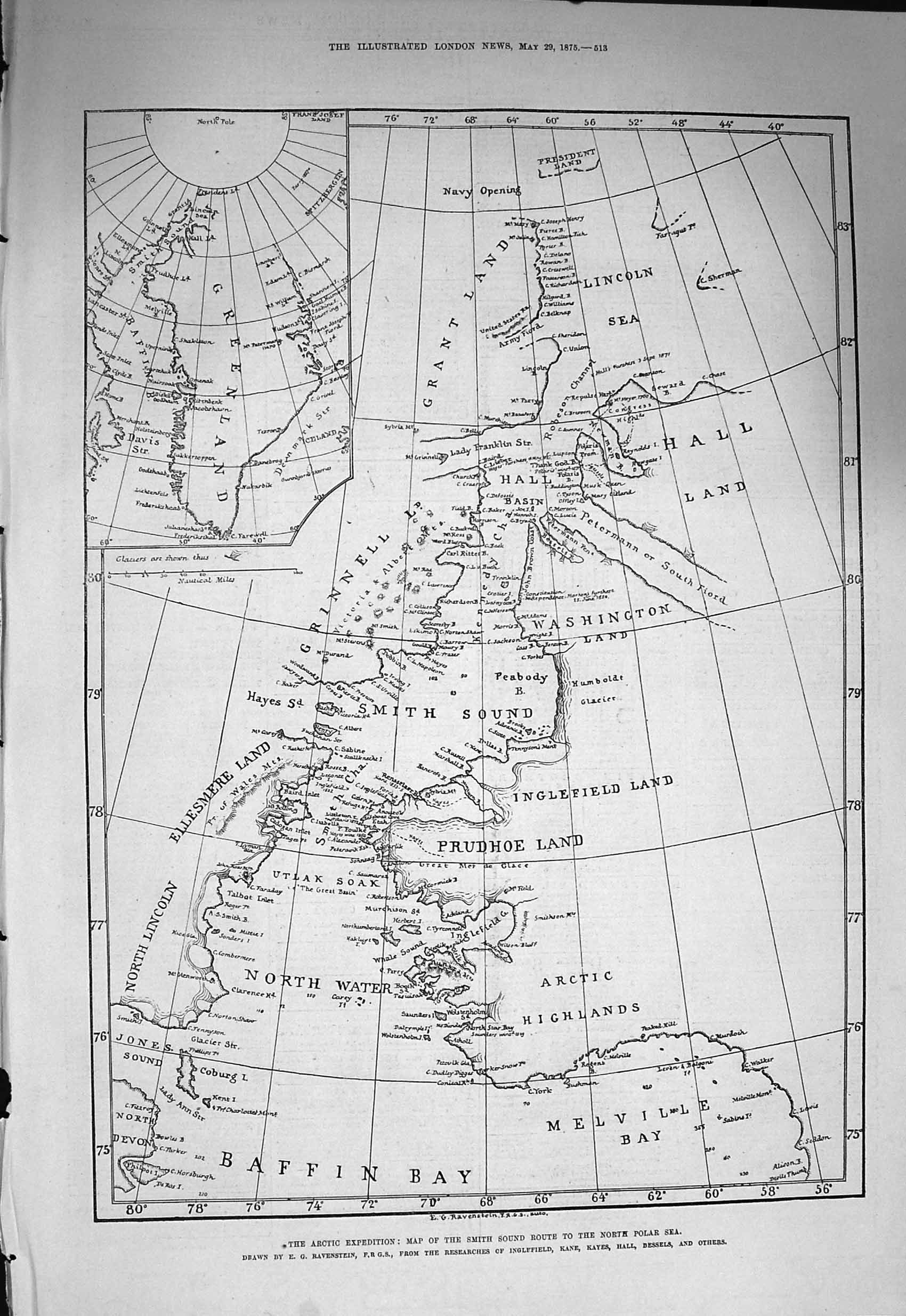 Original Old Antique Print 1875 Map Arctic Expedition North Po 19th