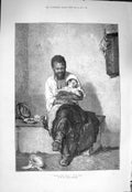 Original Old Antique Print 1875 Hush-A-Bye Baby Native America Man Little Baby