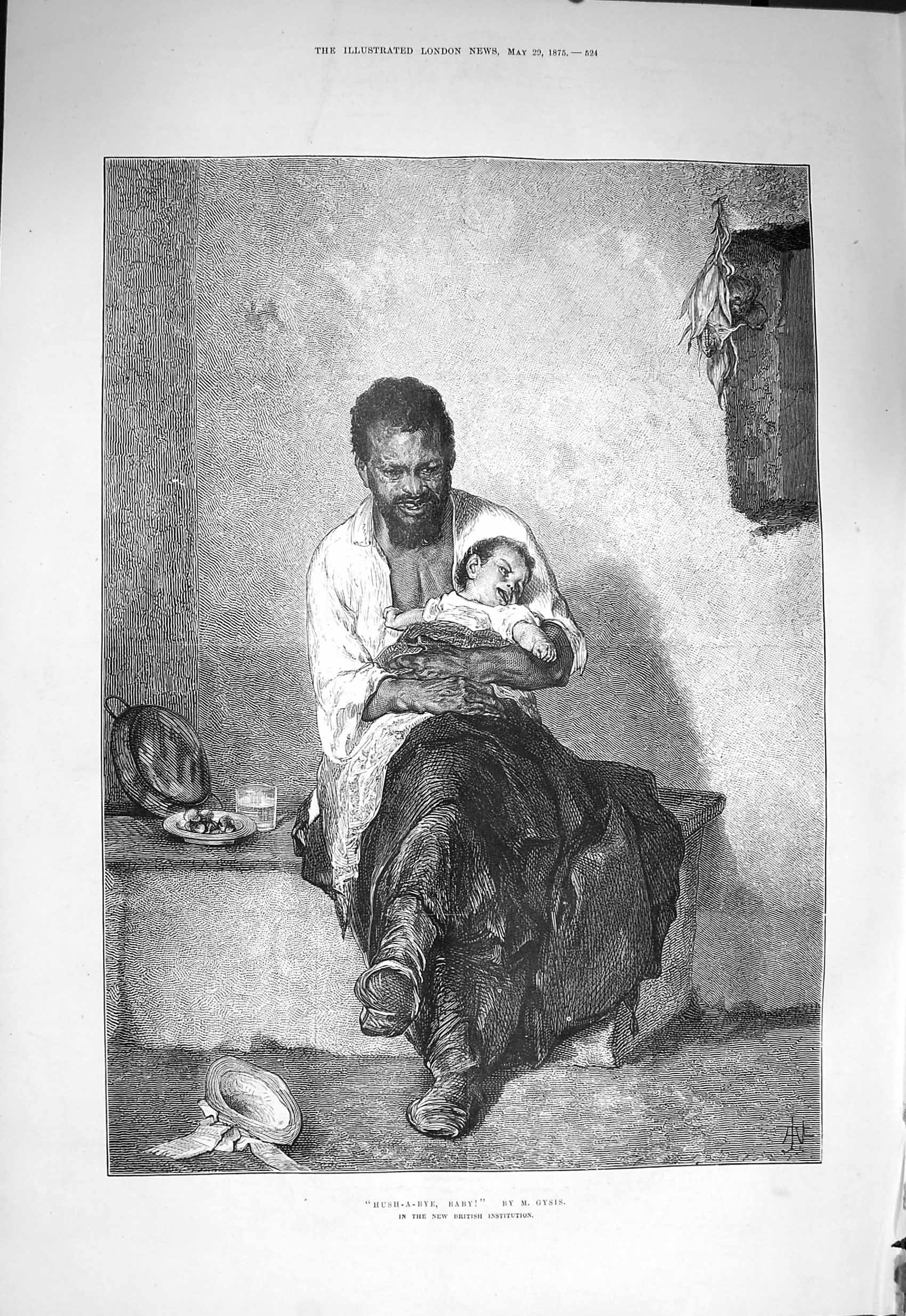 Original Old Antique Print 1875 Hush-A-Bye Baby Native America Man Little Baby