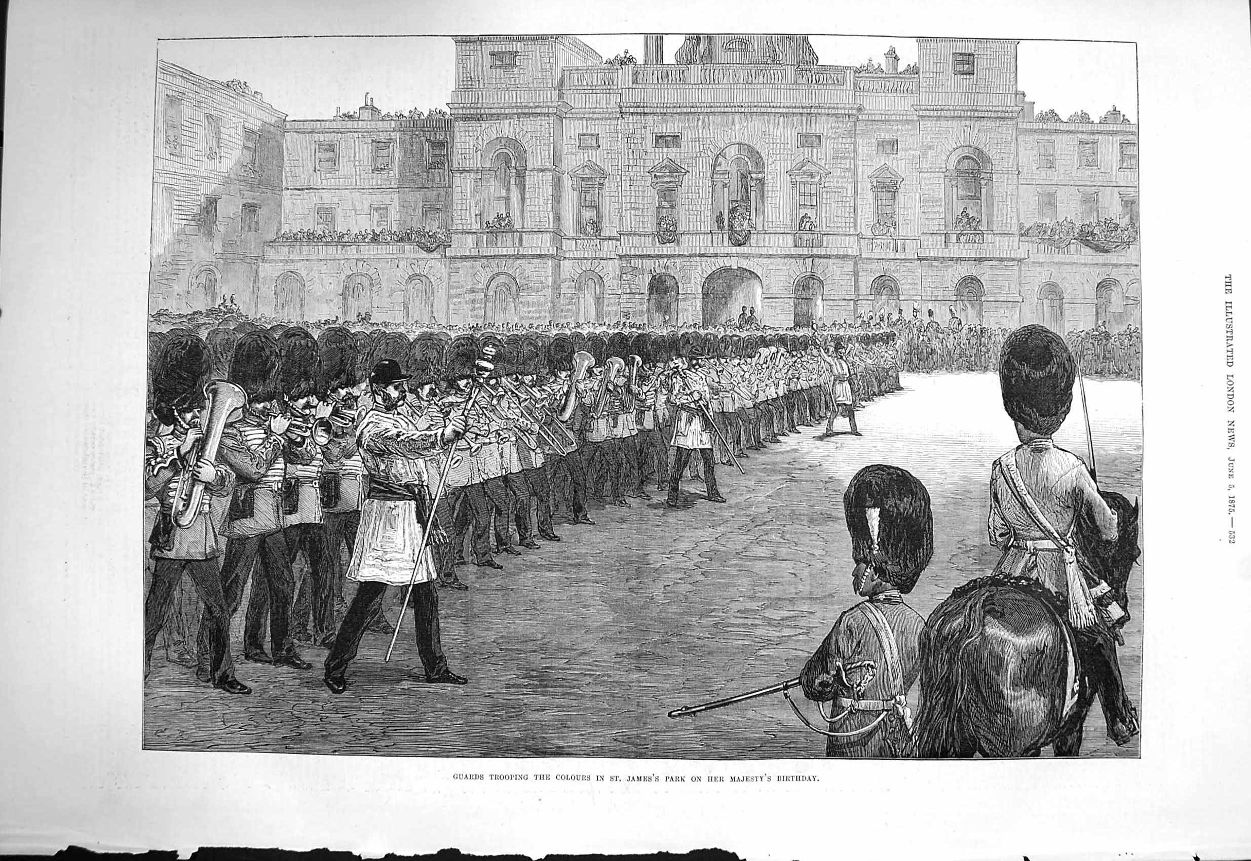 Original Old Antique Print 1875 Guards Trooping Colours James'S Park Victorian