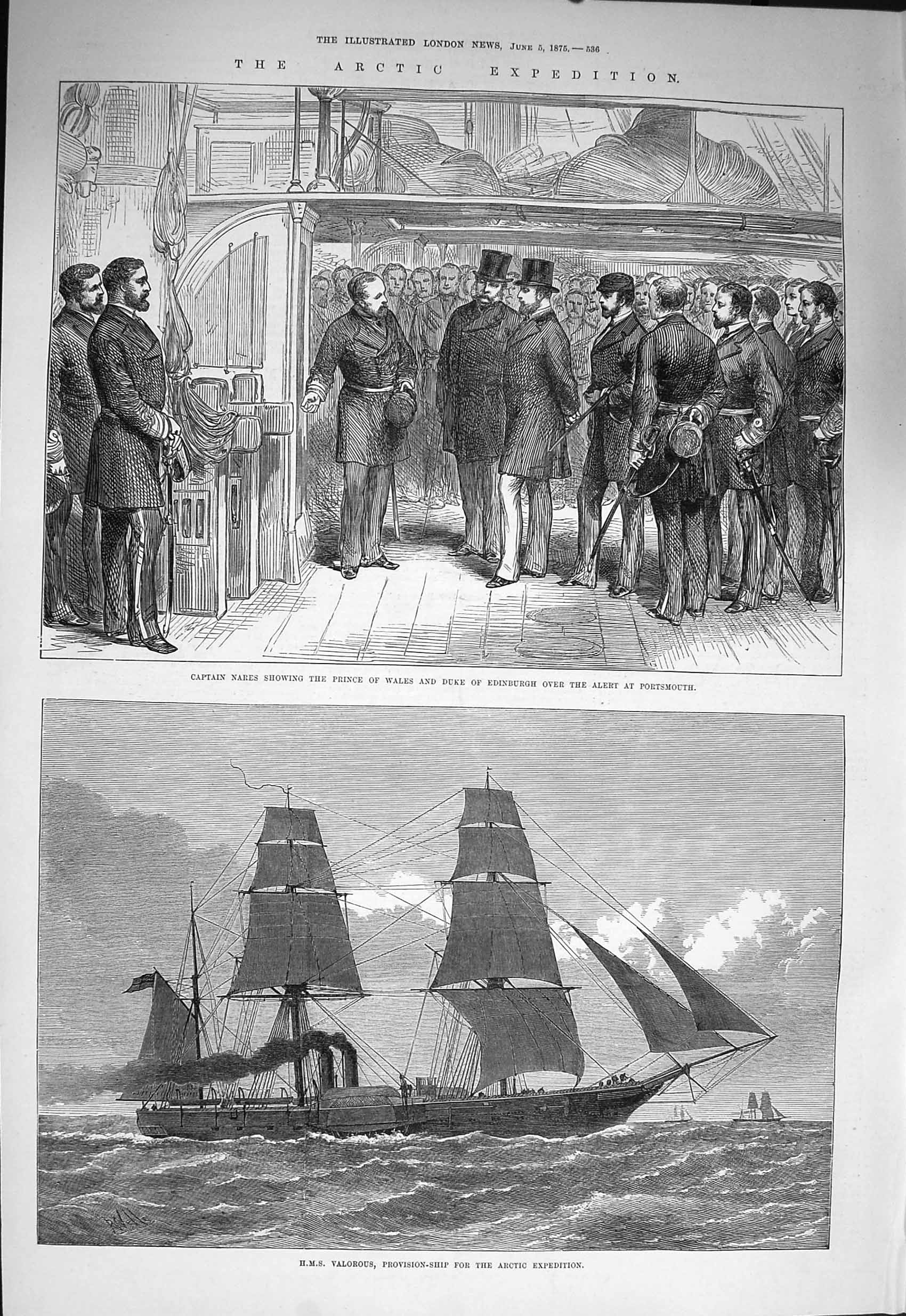 Old Antique Print 1875 Arctic Captain Nares Duke Edinburgh Alert Valorous 19th