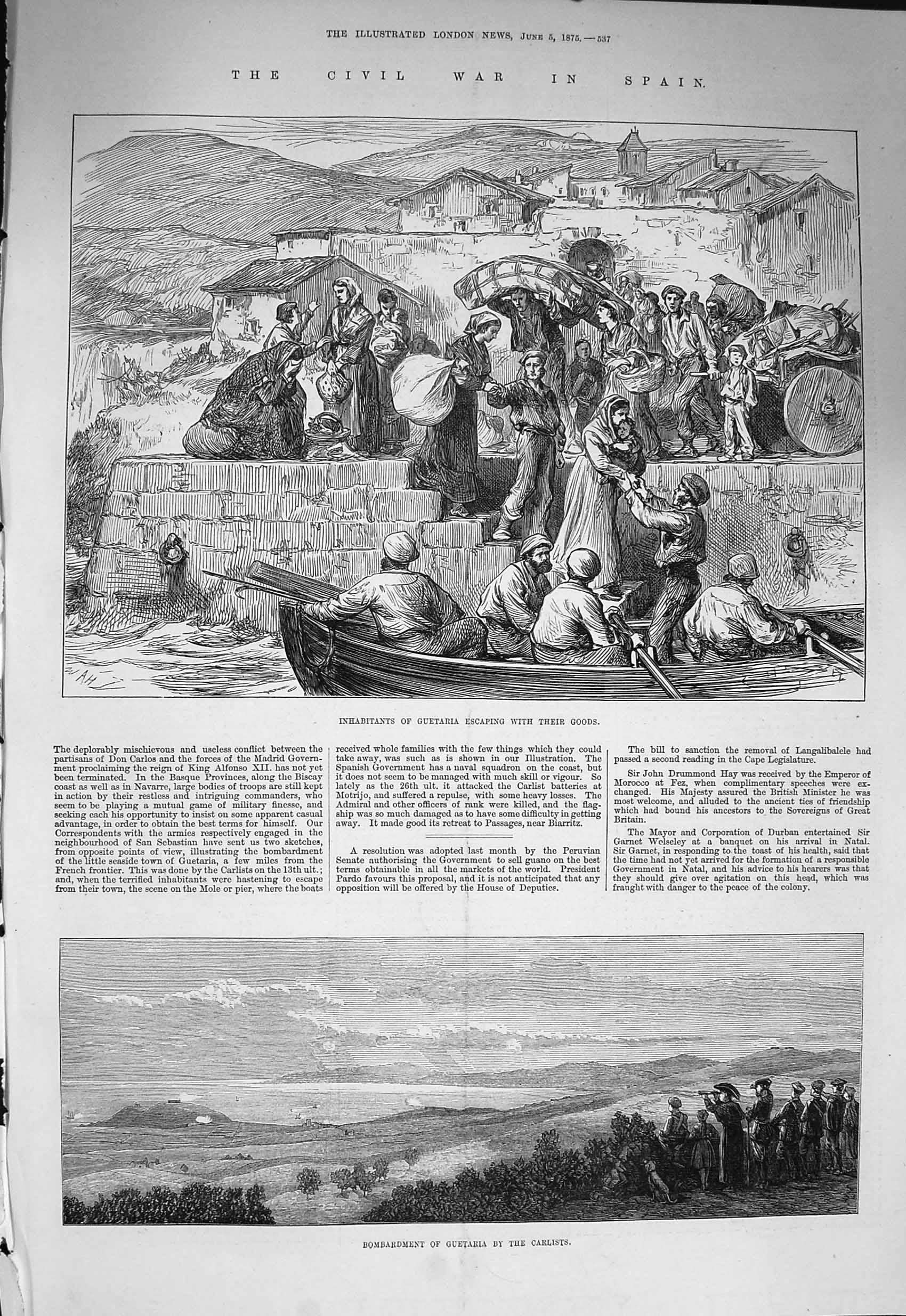 Original Old Antique Print 1875 Civil War Spain Guetaria Bombardment Carlists