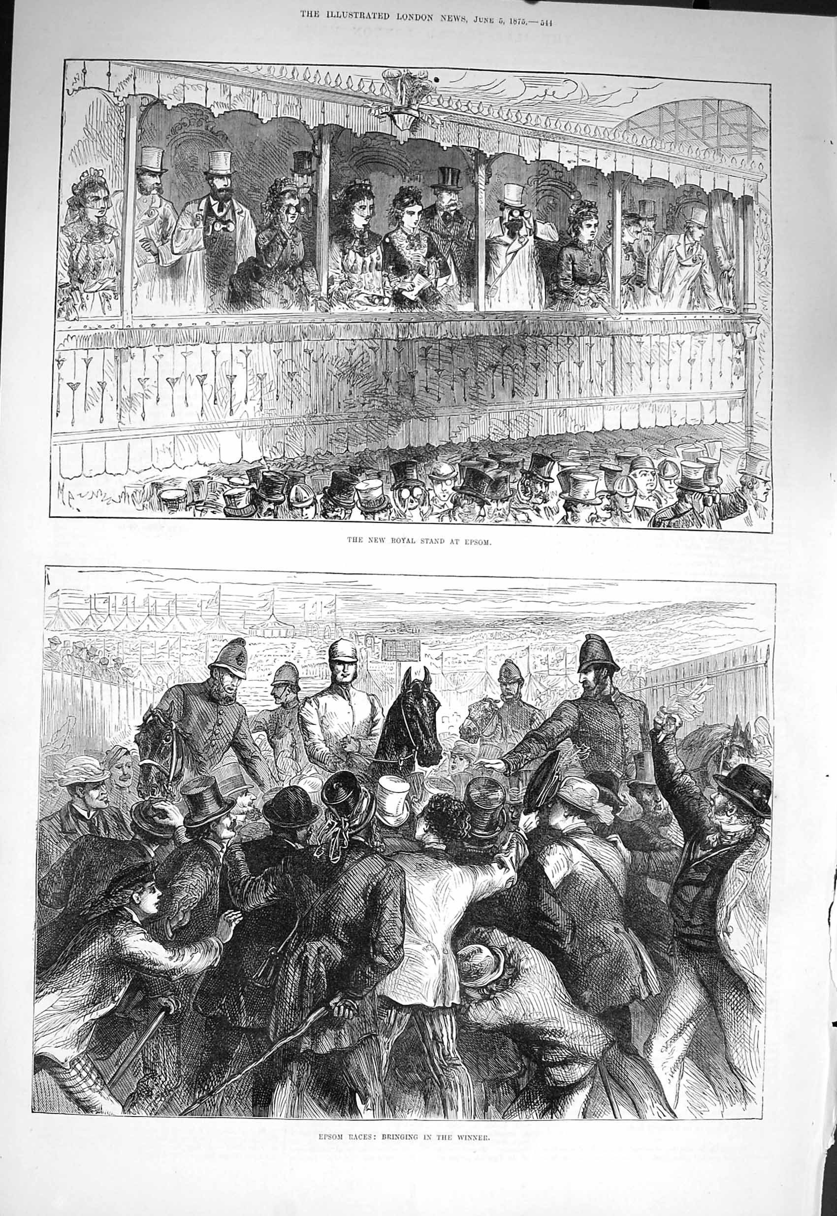 Original Old Antique Print 1875 Royal Grand Stand Epsom Horse Racing Sport 19th