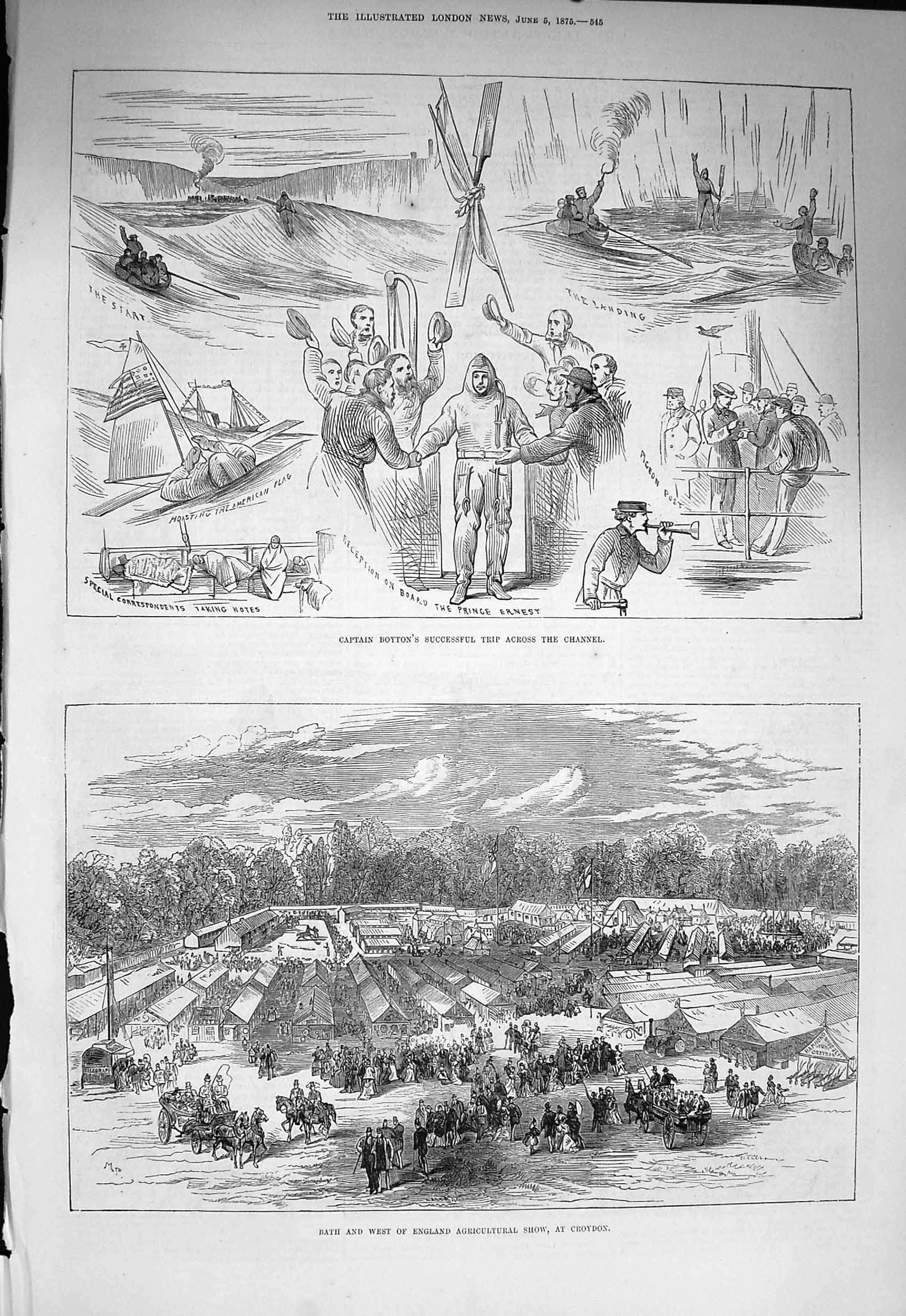 Original Old Antique Print 1875 Captain Boyton Channel Bath Agricultural Show