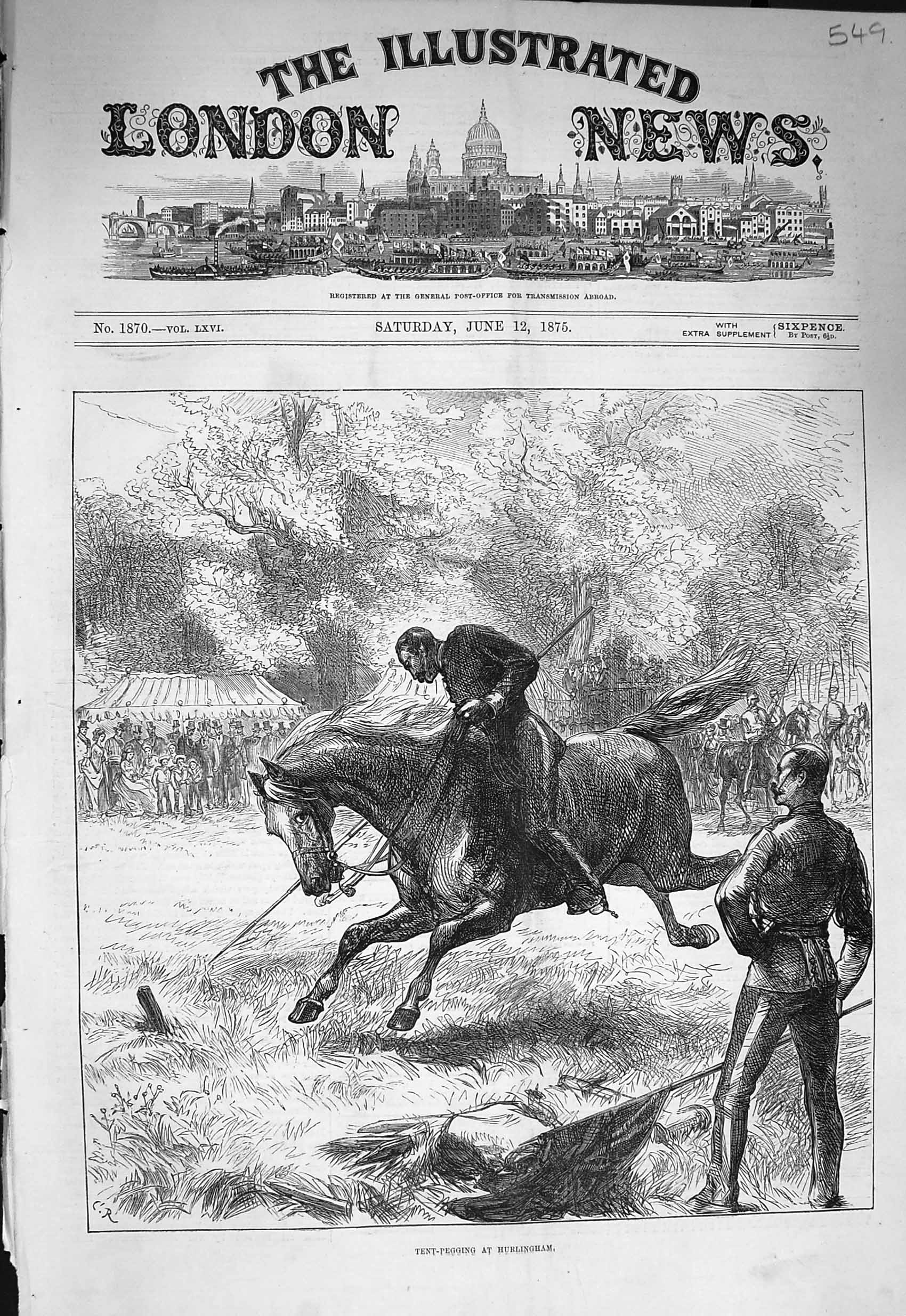 Original Old Antique Print 1875 Tent Pegging Hurlingham Horse Sier Victorian