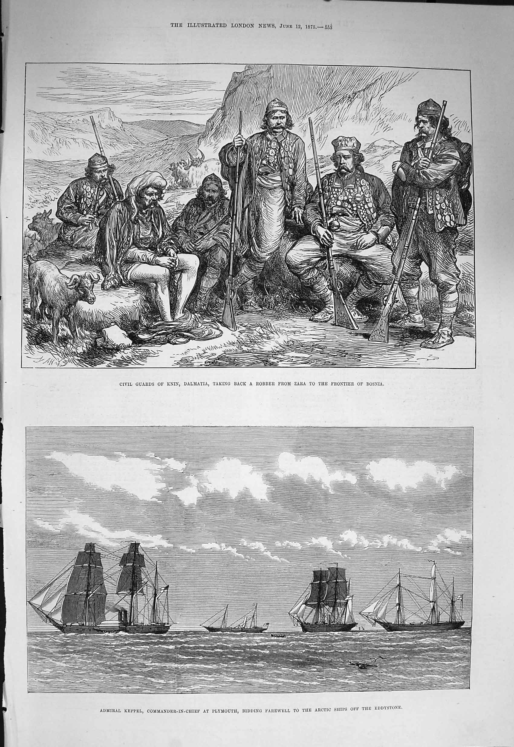 Original Old Antique Print 1875 Civil Guards Knin Dalmatia Admiral Kepel Ships