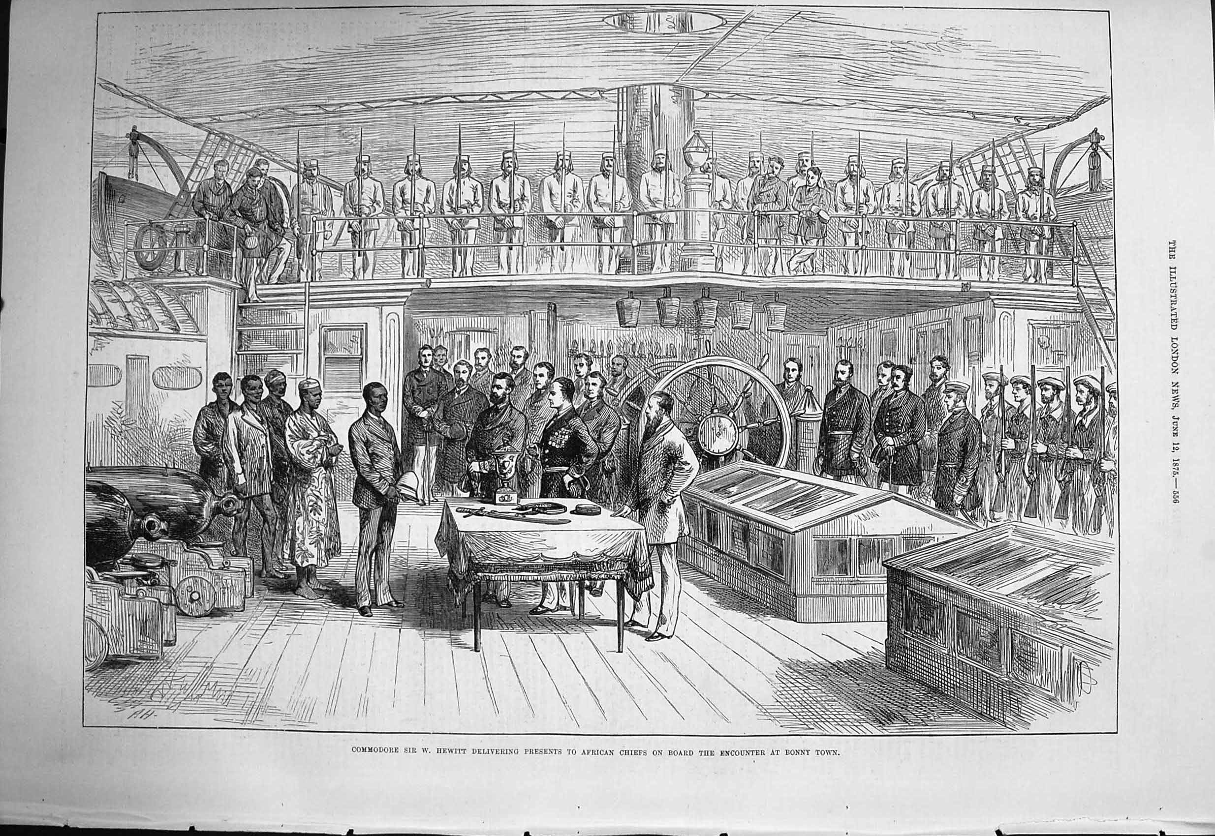 Antique Old Print *3247 1875 Commodore Hewitt African Chiefs Encounter Ship