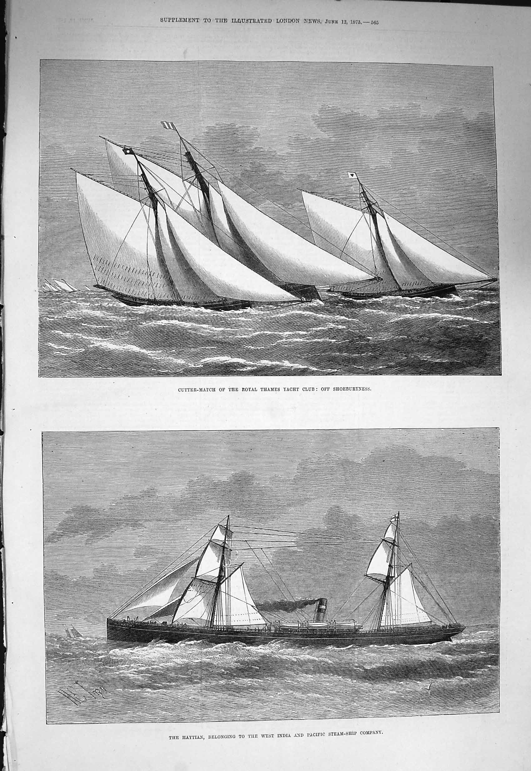 Old Antique Print 1875 Cutter-Match Thames Yacht Club Haytian Steam Ship 19th