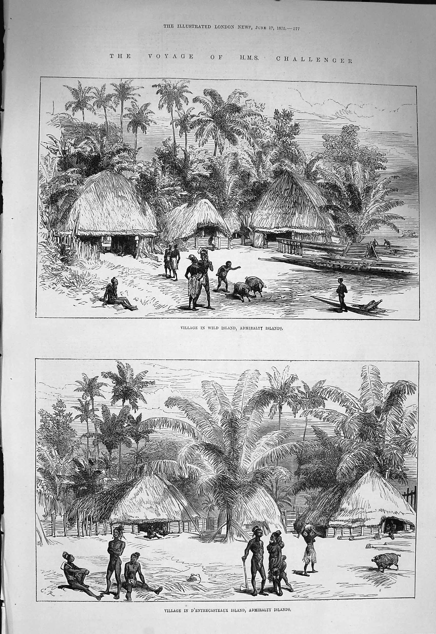 Original Old Antique Print 1875 Wild Island Admiralty D'Entrecasteaux Victorian