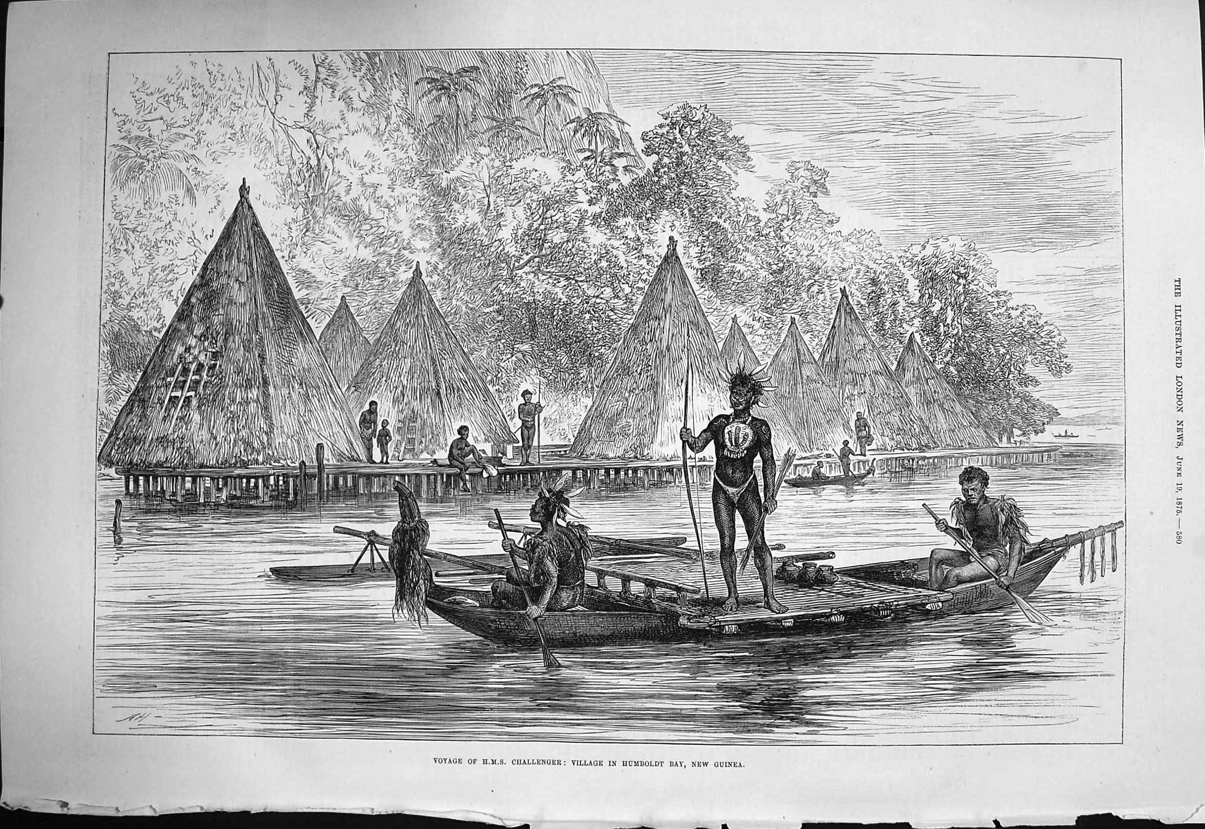Original Old Antique Print 1875 Voyage Challenger Village Humbt Bay New Guinea