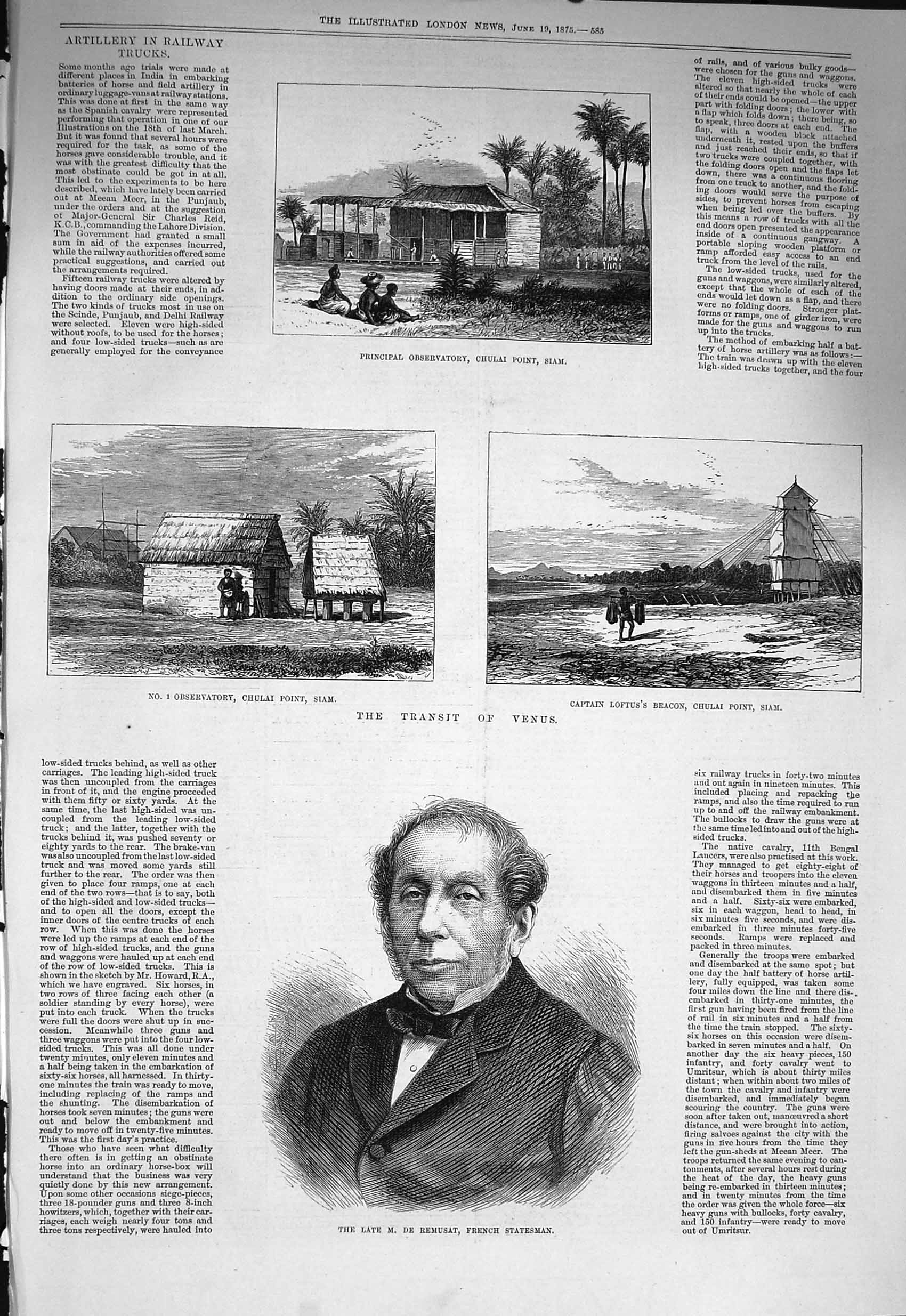 Original Old Antique Print 1875 Remusat Statesman Venus Loftu Siam Observatory