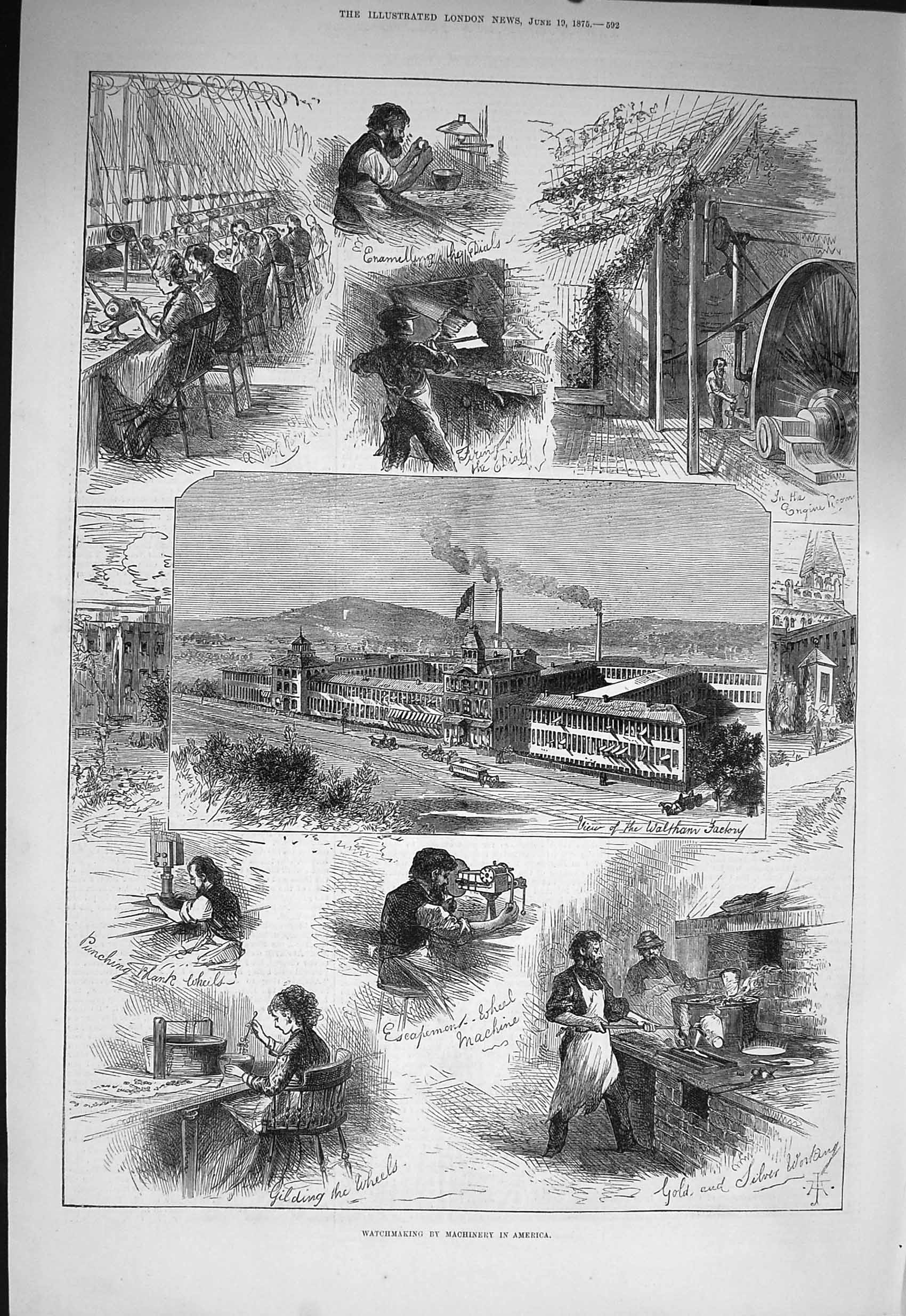 Original Old Antique Print 1875 Watchmaking Machinery America Waltham Victorian