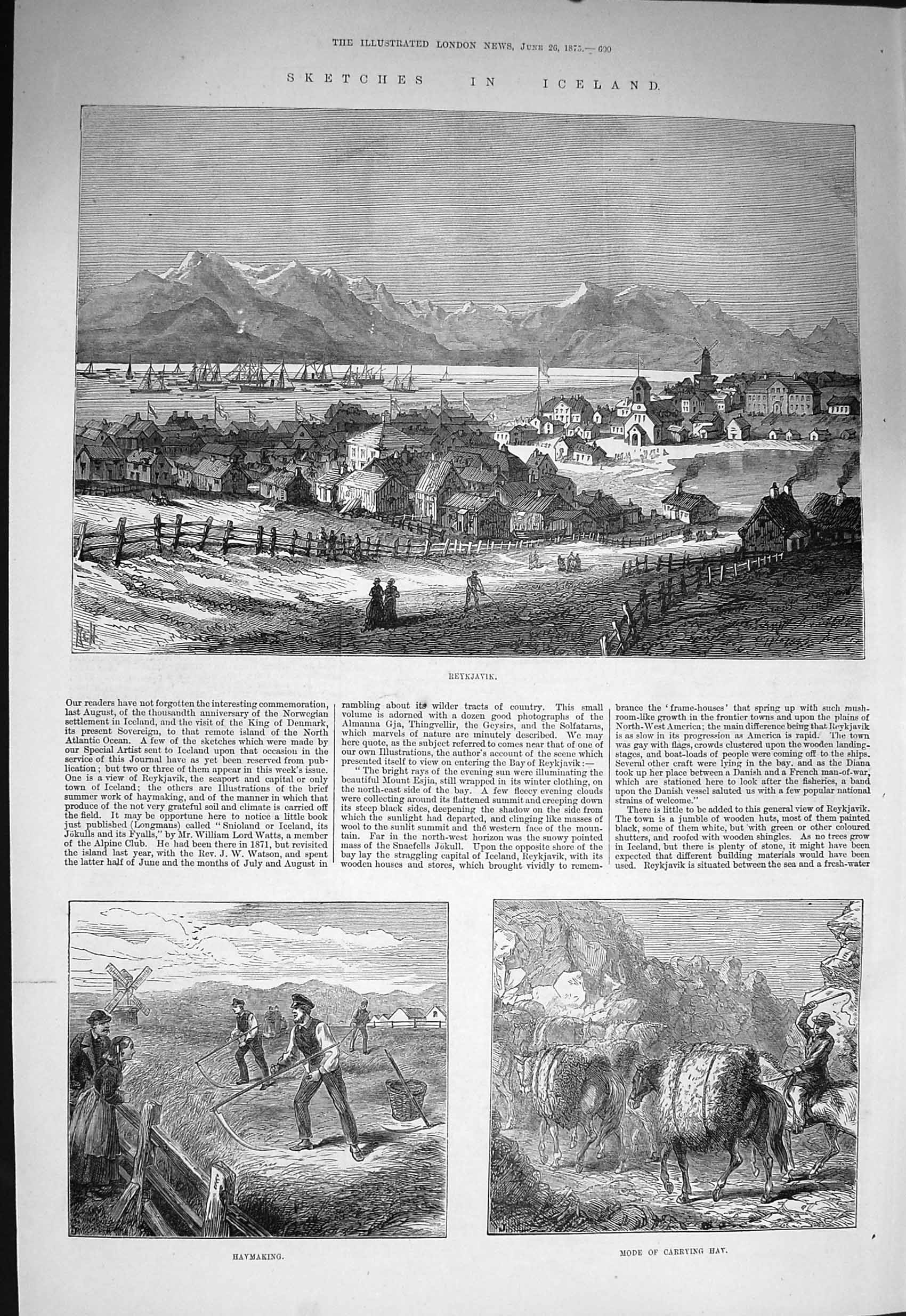 Original Old Antique Print 1875 Iceland Reykjavik Haymaking Carrying Hay Horses