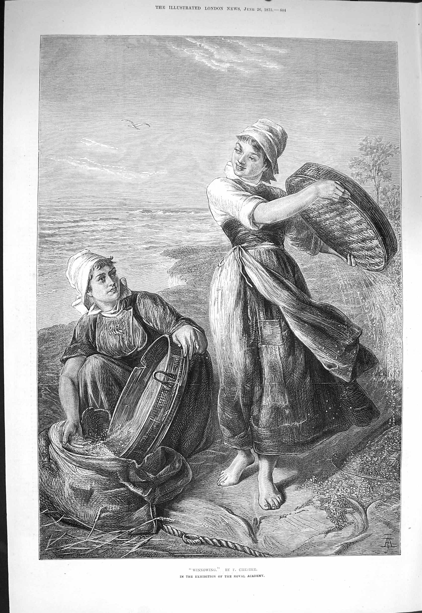 Original Old Antique Print 1875 Scene Winnowing Ladies Agriculture Chester 19th