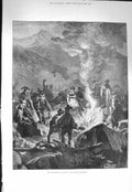 Original Old Antique Print 1875 Scene Midsummer Eve Bonfire Bavarian Highlands