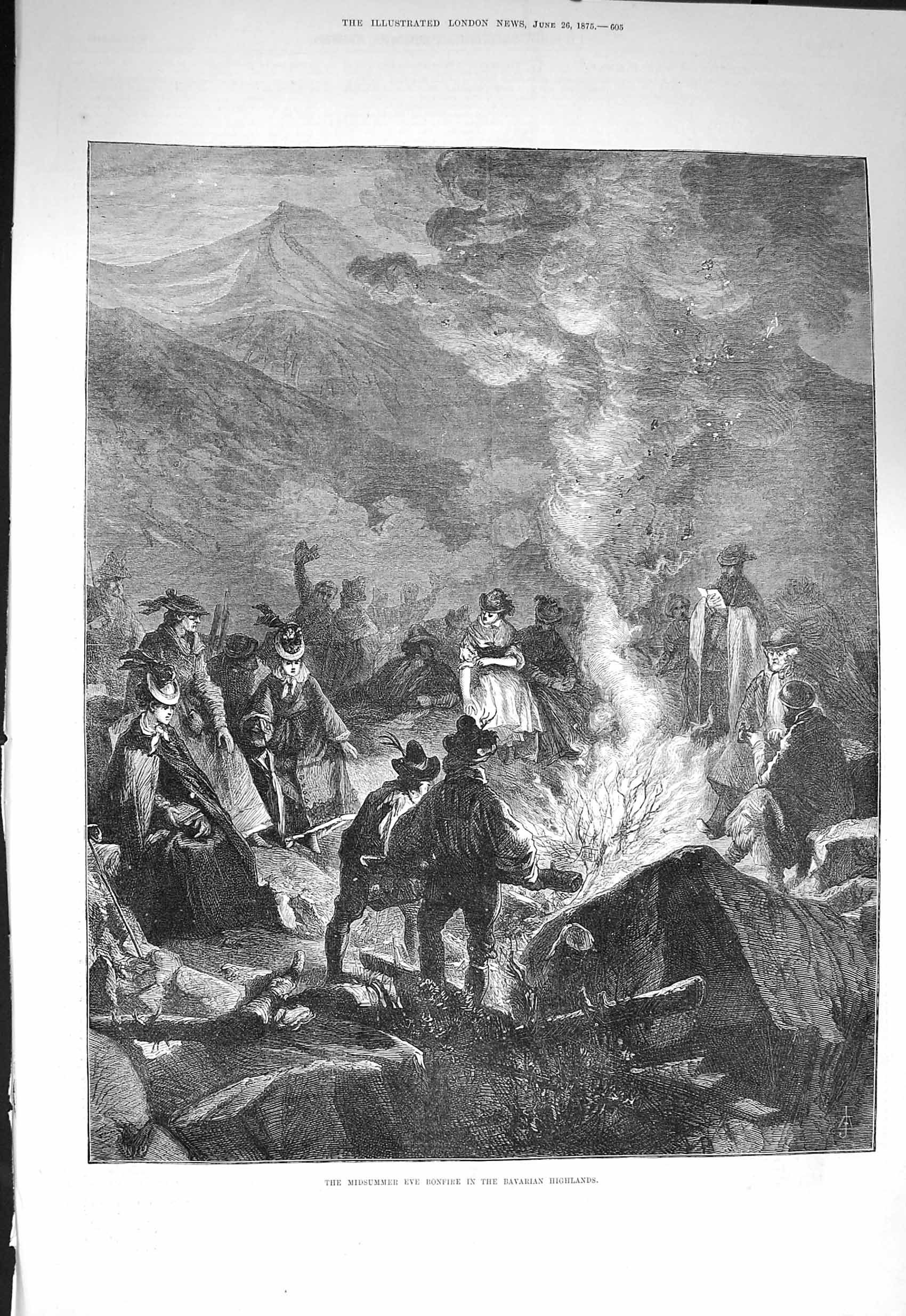 Original Old Antique Print 1875 Scene Midsummer Eve Bonfire Bavarian Highlands