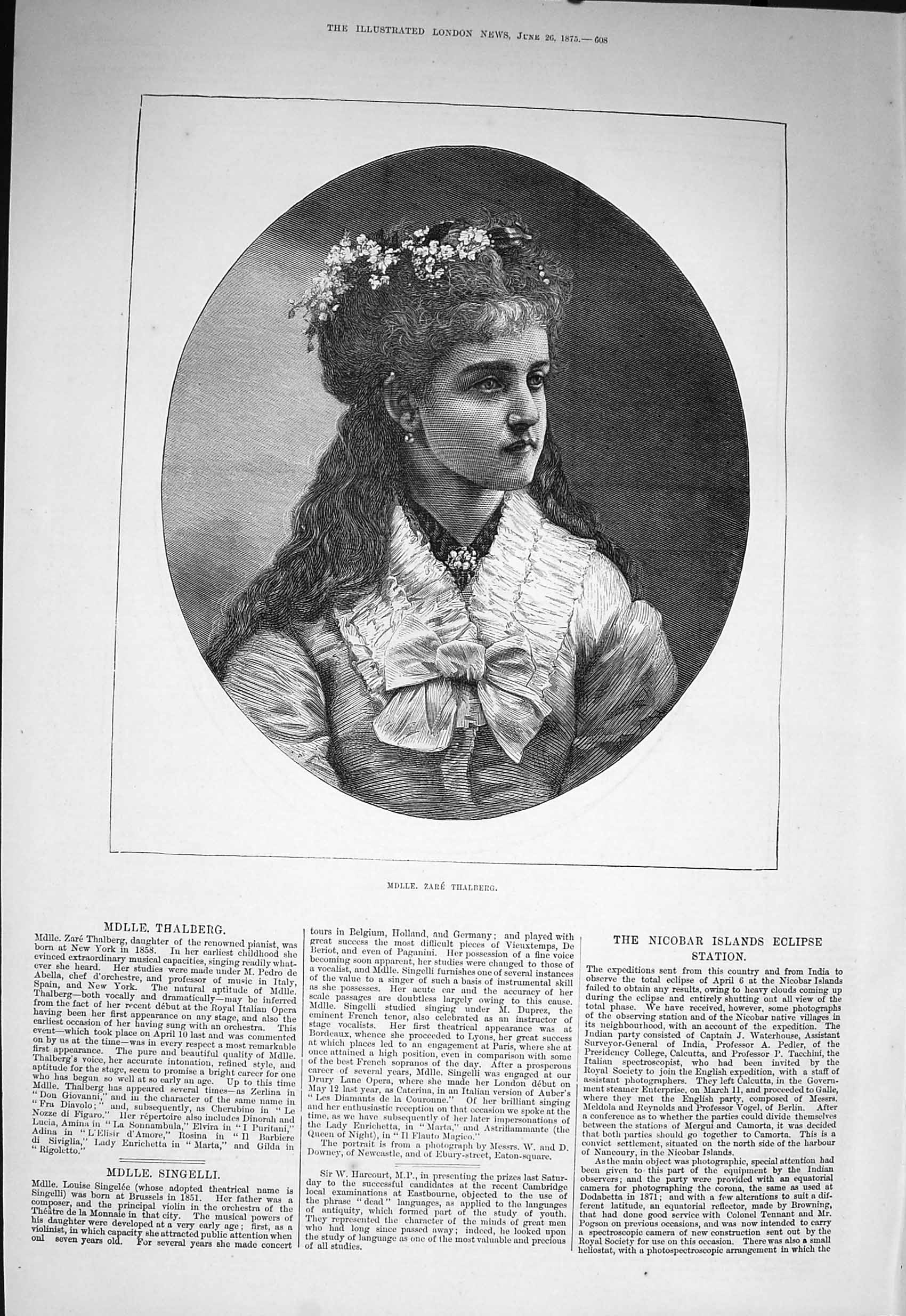 Original Old Antique Print 1875 Portrait Mdlle Zare Thalberg Opera Singer 19th