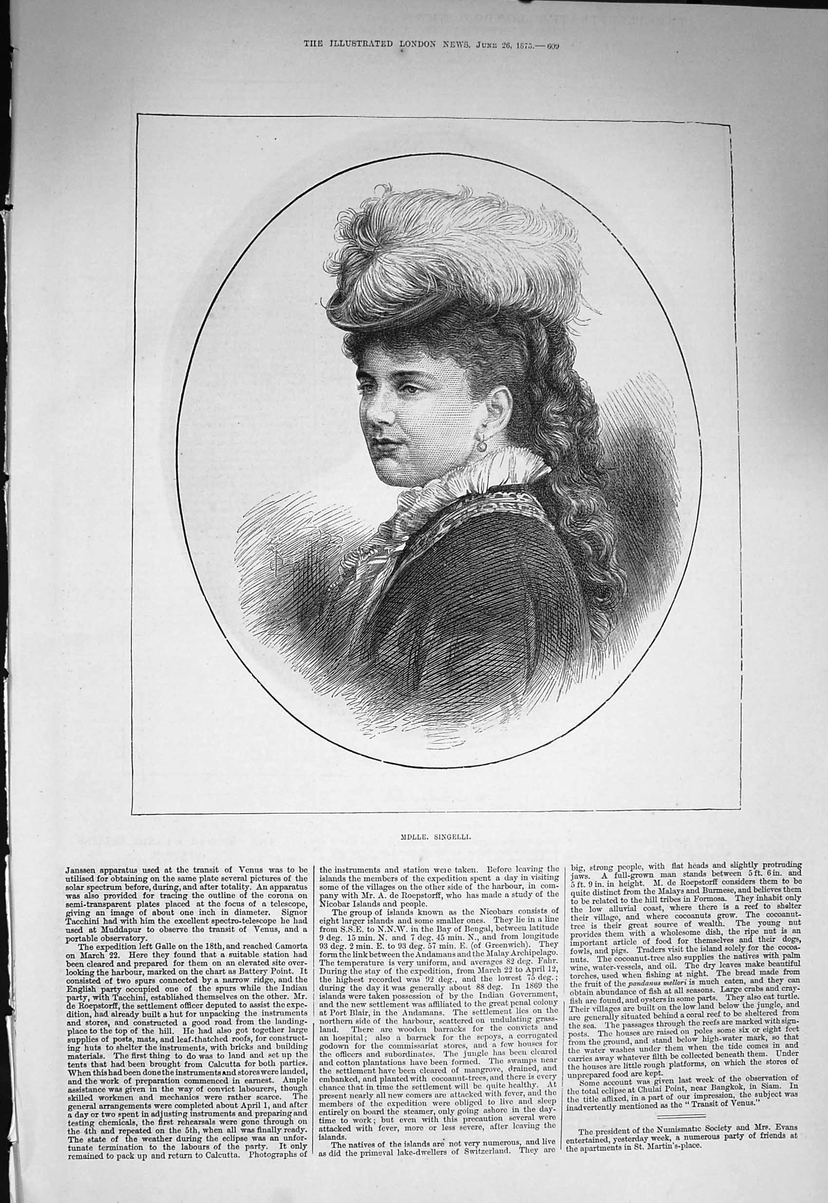 Original Old Antique Print 1875 Portrait Melle Louise Singelee Singelli 19th