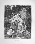Old Antique Print 1875 Evening Hours Family Scene Fishing River Bucket 19th