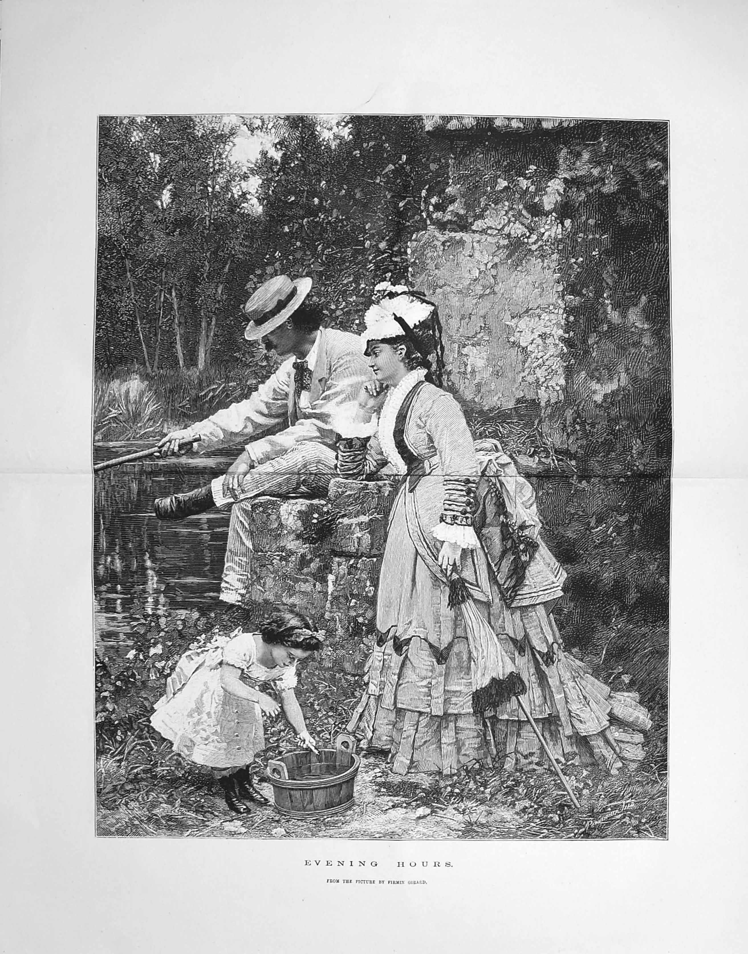 Old Antique Print 1875 Evening Hours Family Scene Fishing River Bucket 19th