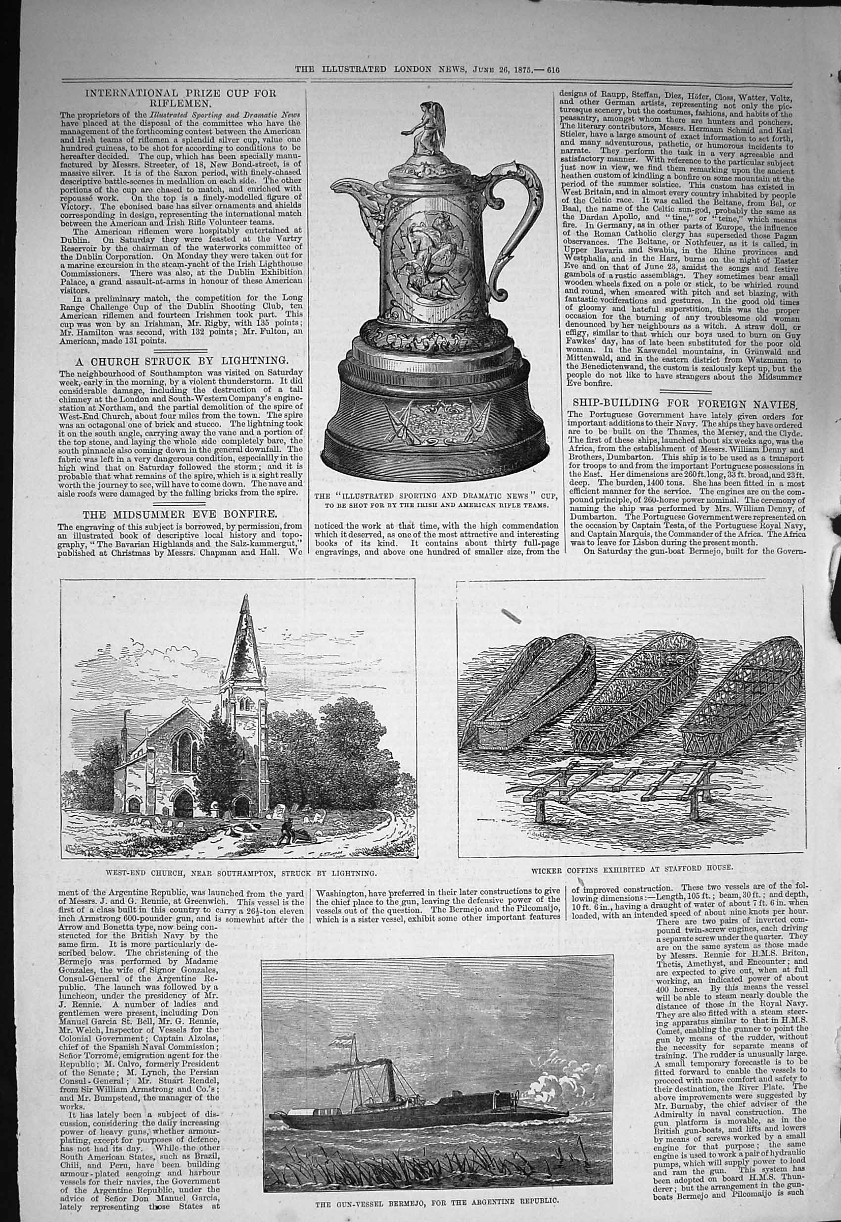 Old Antique Print 1875 Gun Ship Bermejo Wicker Coffin Church Rifle Trophy 19th