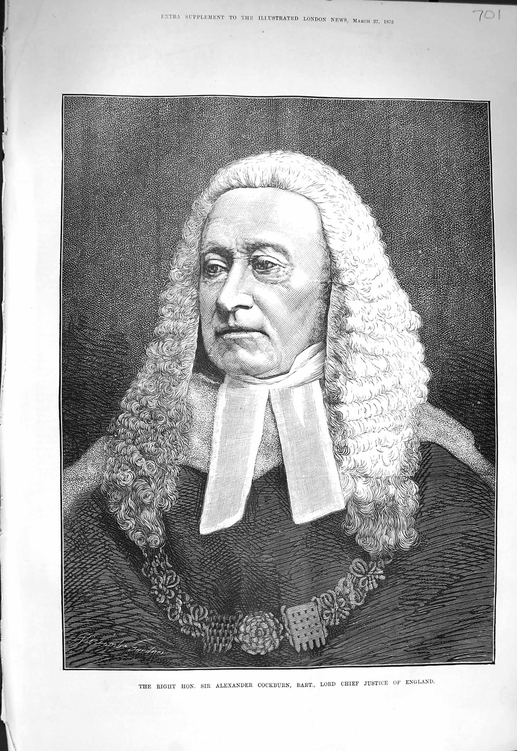 Old Antique Print 1875 Portrait Alexander Cockburn Chief Justice England 19th