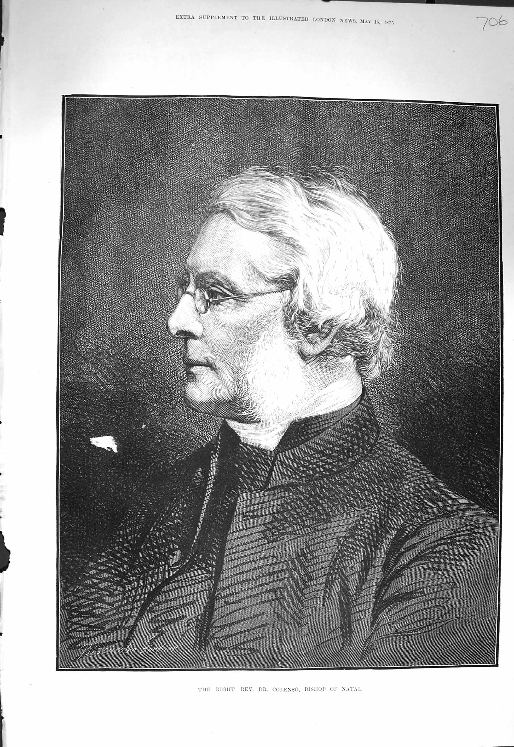 Original Old Antique Print *3246 1875 Portrait Rev. Dr. Colenso Bishop Natal