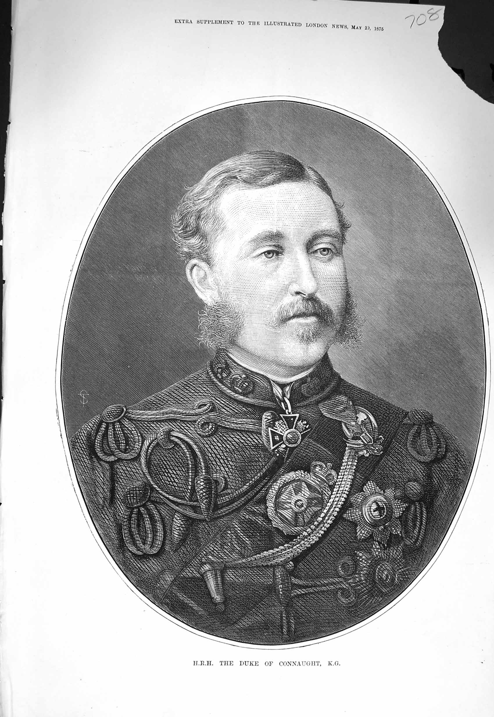 Original Old Antique Print 1875 Portrait H.R.H. Duke Connaught K.G. Victorian