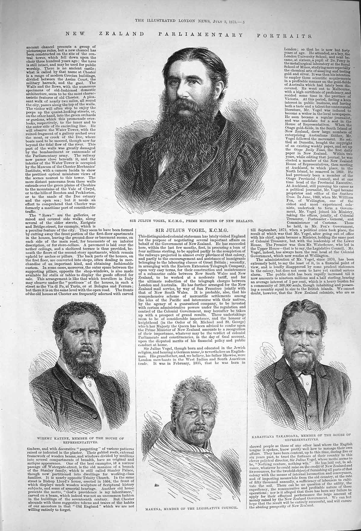 Old Antique Print 1875 Julius Vogel Katene Makena Takamoana New Zealand 19th
