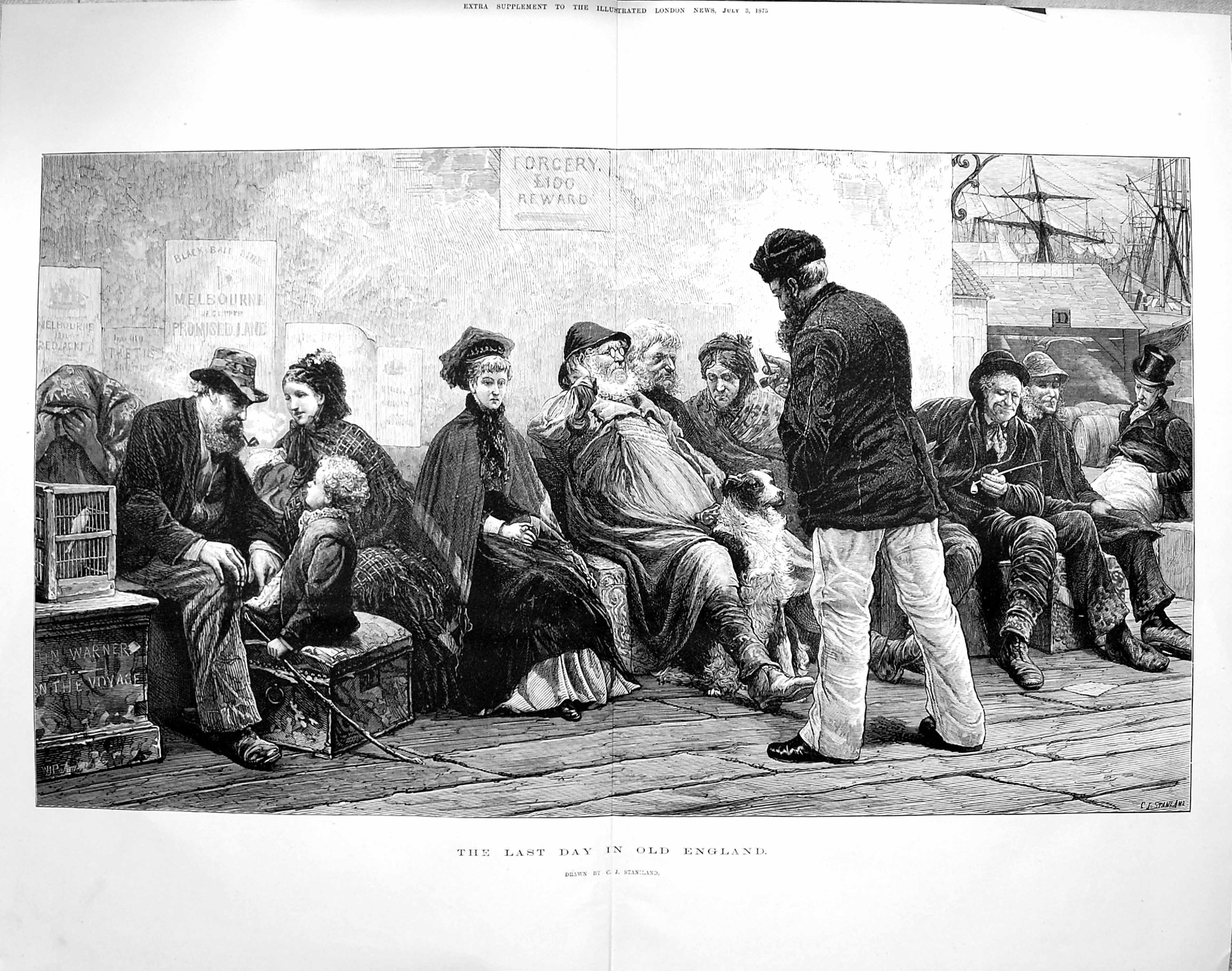 Original Old Antique Print 1875 Last Day England Passengers Waiting For Ship 0
