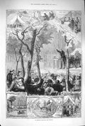 Original Old Antique Print 1875 American Religious Camp Barber Police Quarters