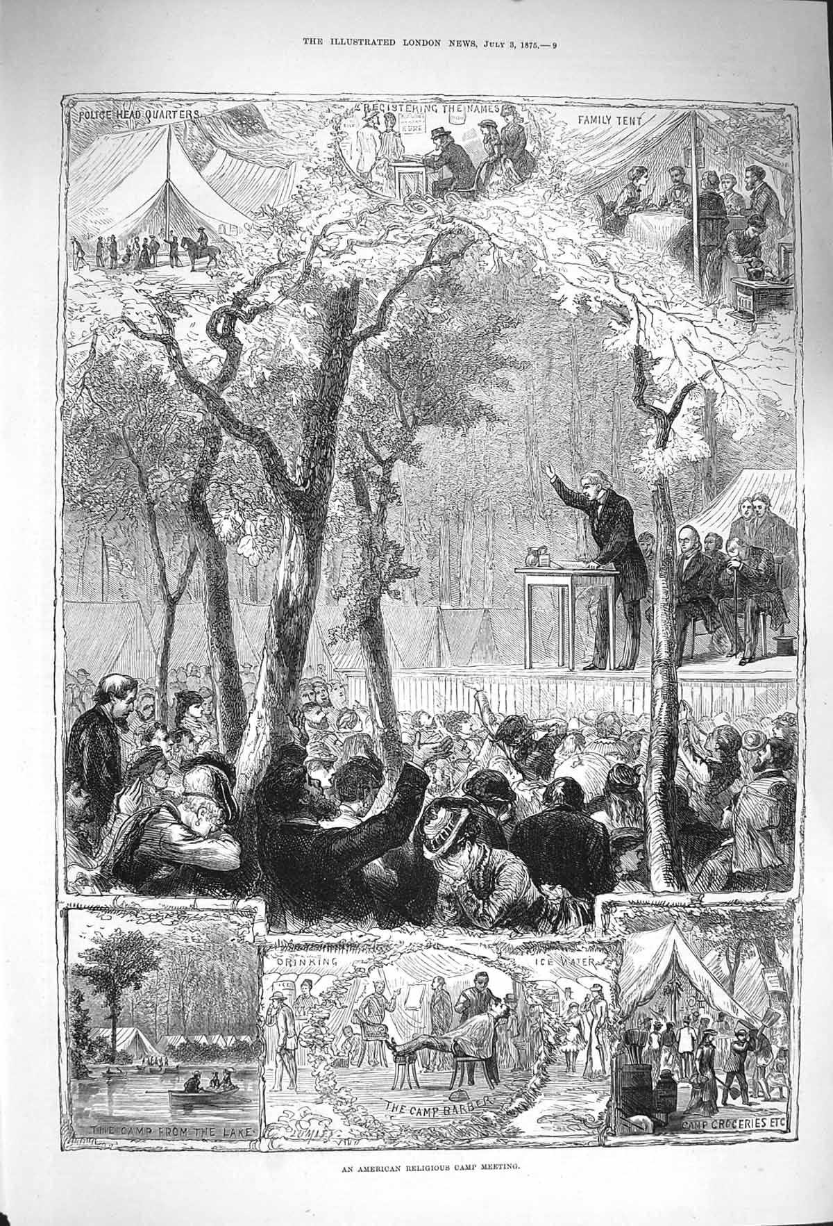 Original Old Antique Print 1875 American Religious Camp Barber Police Quarters