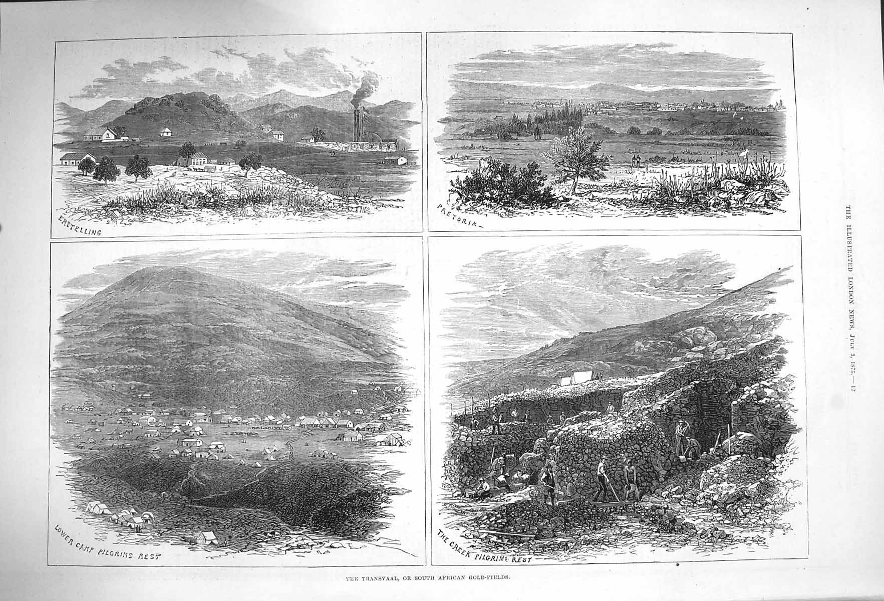 Original Old Antique Print 1875 Transvaal South African GFields Pretorik 19th