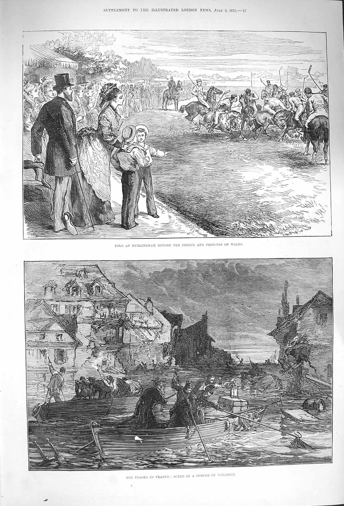 Old Antique Print 1875 Polo Hurlingham Prince Wales Toulouse France Flood 19th